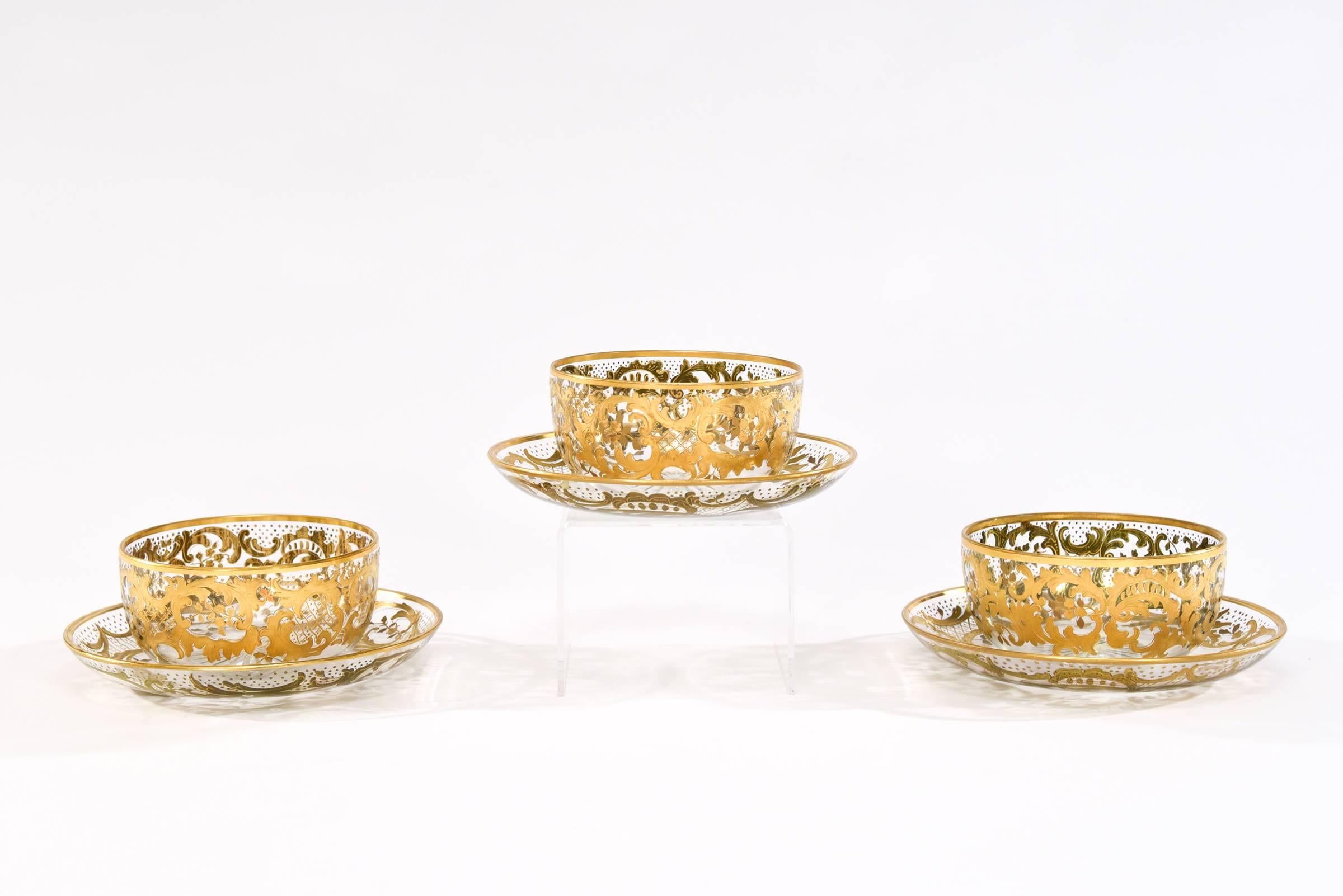 Finnish Set of 12 Baccarat Handblown Crystal Bowls & Underplates with Raised Paste Gold