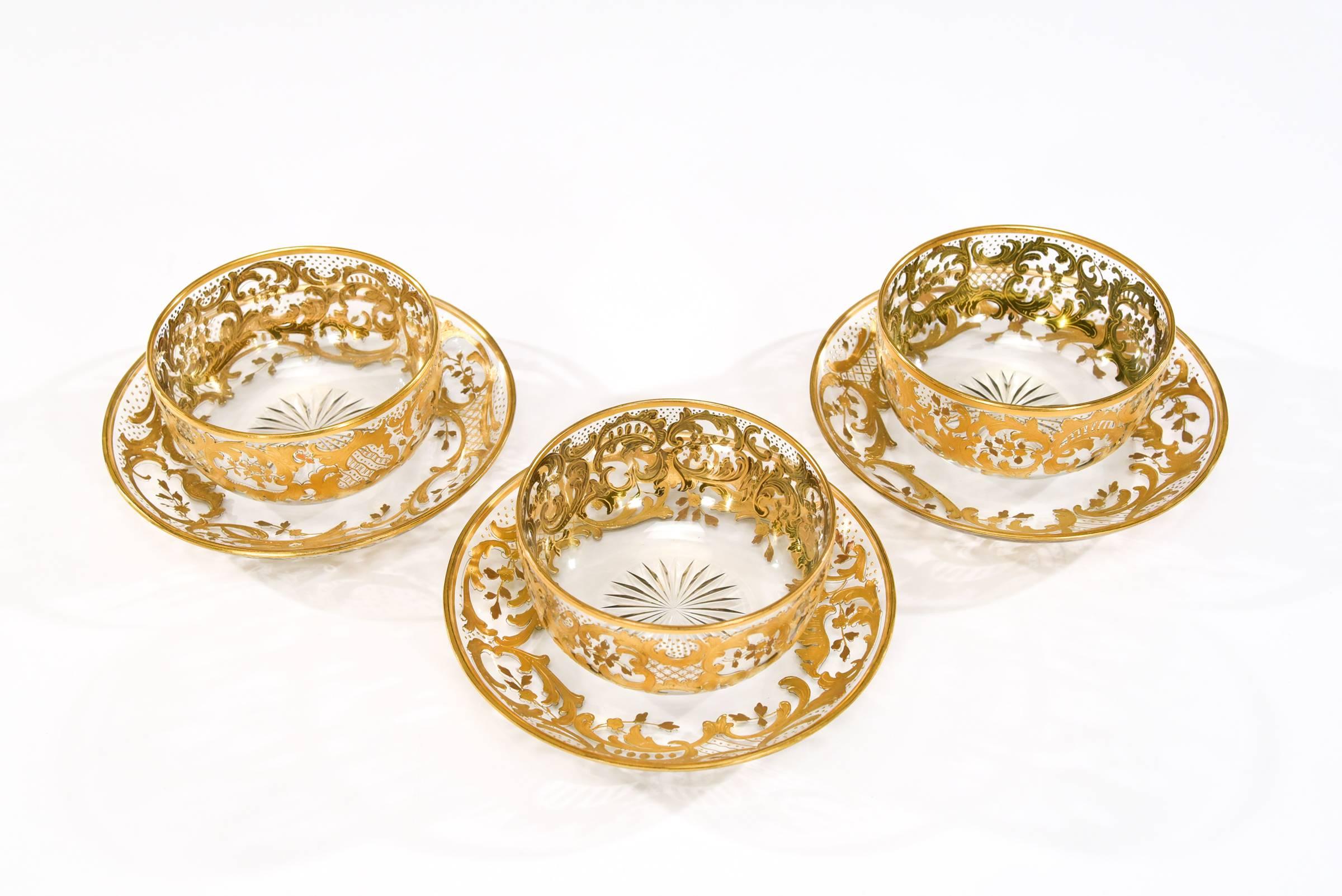 Set of 12 Baccarat Handblown Crystal Bowls & Underplates with Raised Paste Gold In Excellent Condition In Great Barrington, MA