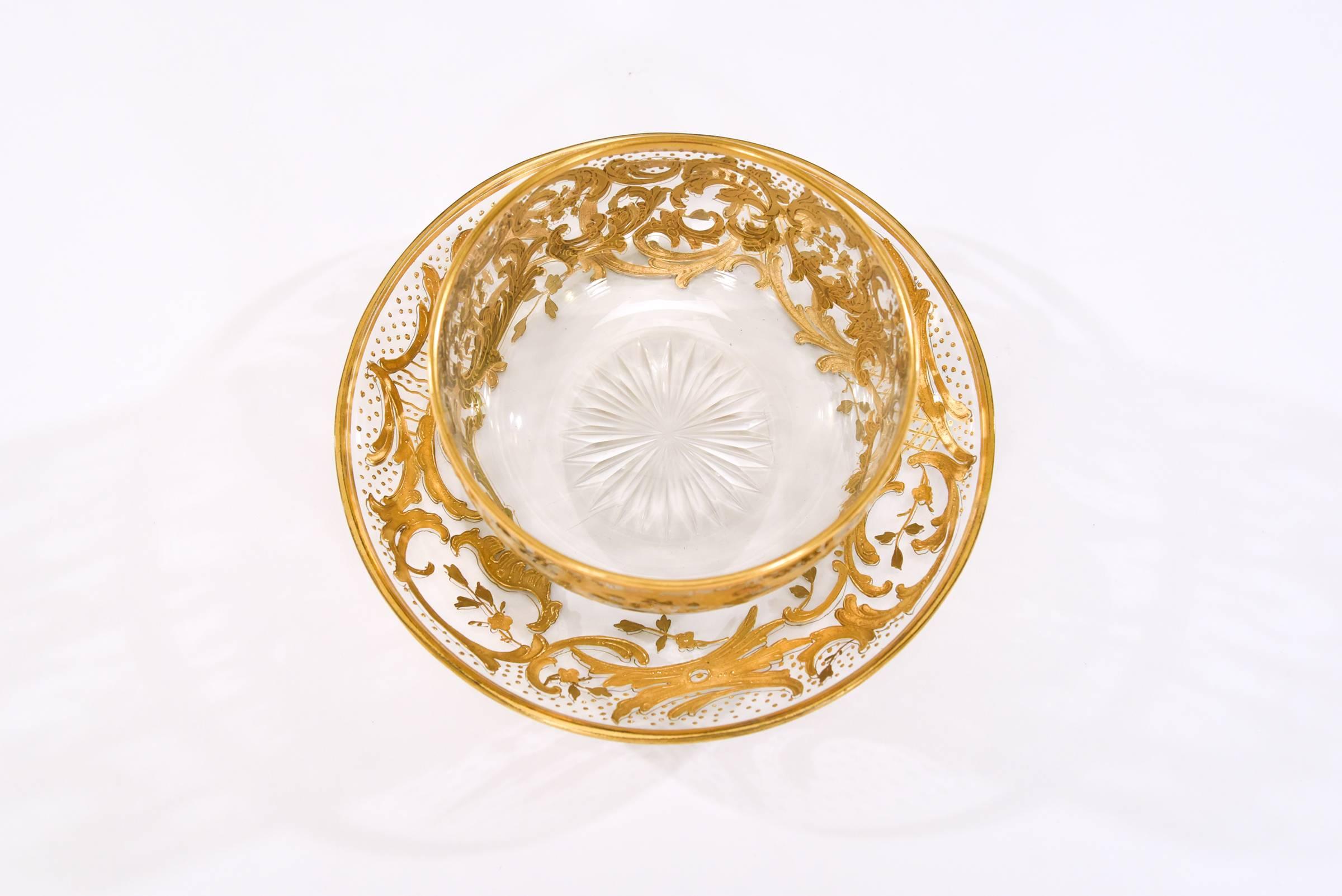 20th Century Set of 12 Baccarat Handblown Crystal Bowls & Underplates with Raised Paste Gold