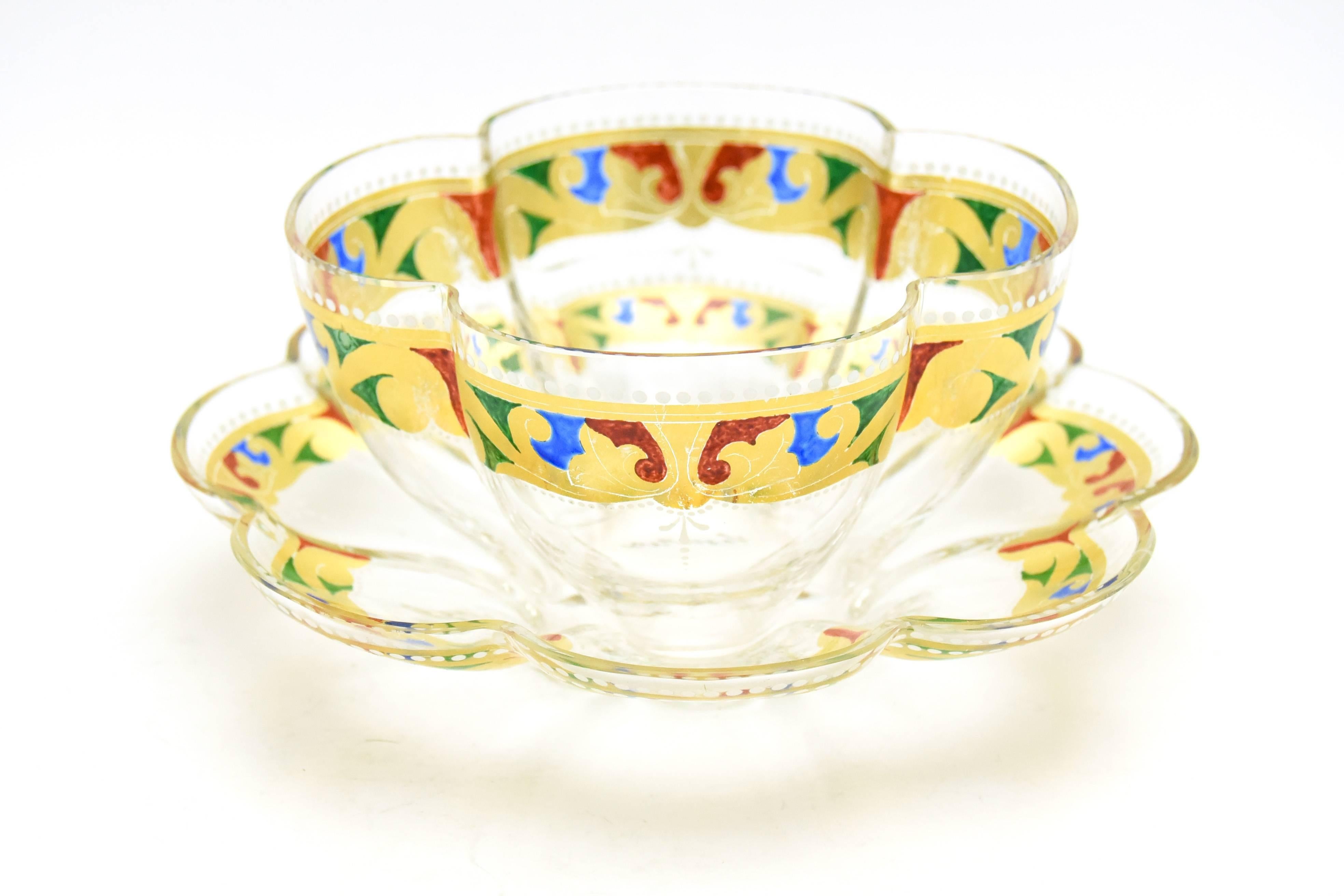 Italian 12 Venetian Quatrefoil Gold Dessert Bowls and Plates  Blue, Red & Green Enamel