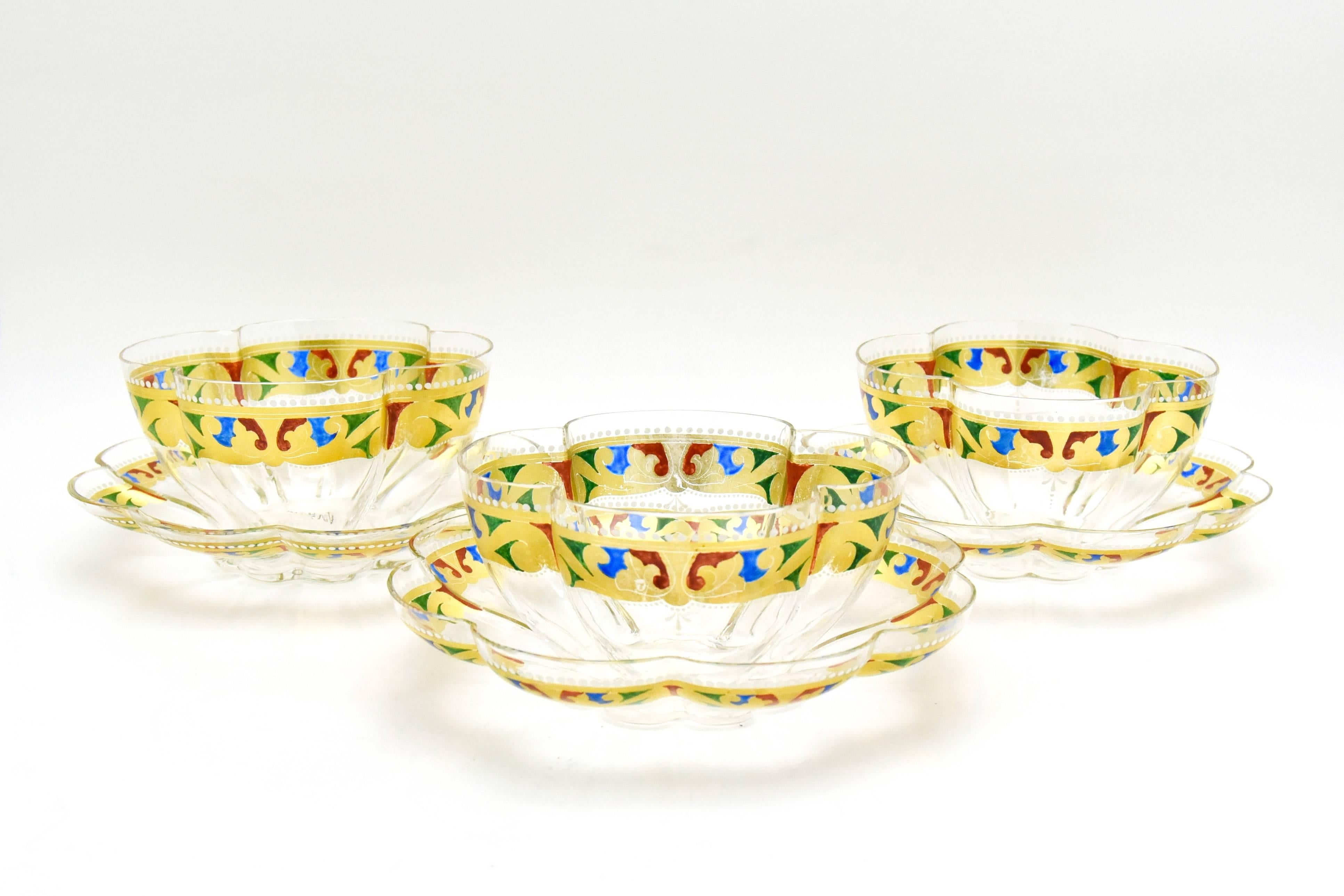 12 Venetian Quatrefoil Gold Dessert Bowls and Plates  Blue, Red & Green Enamel In Excellent Condition In Great Barrington, MA