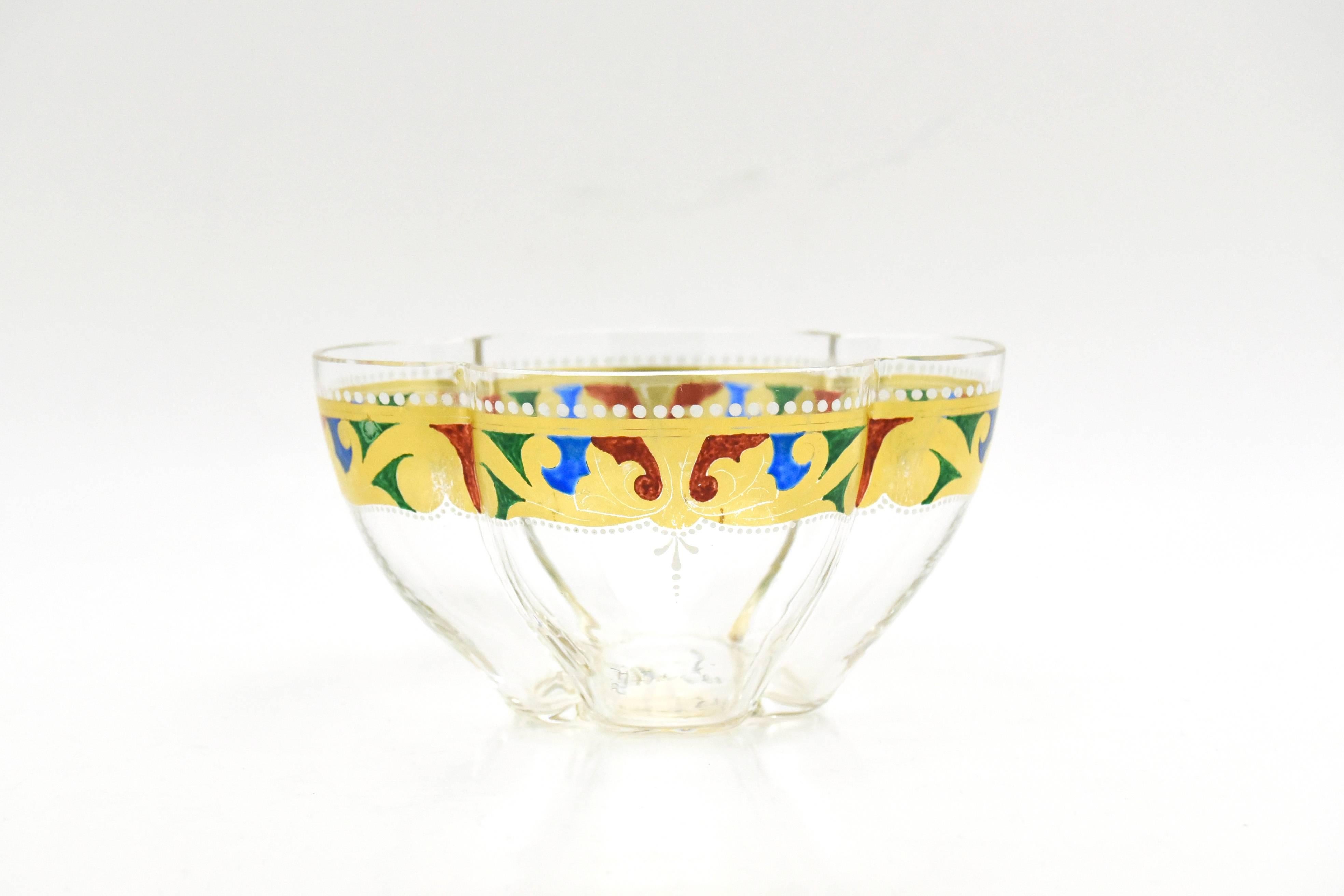 Glass 12 Venetian Quatrefoil Gold Dessert Bowls and Plates  Blue, Red & Green Enamel