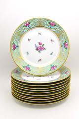 Set of 11 Lamm Dresden Turquoise Raised Gold & Hand-Painted Rose Dinner Plates