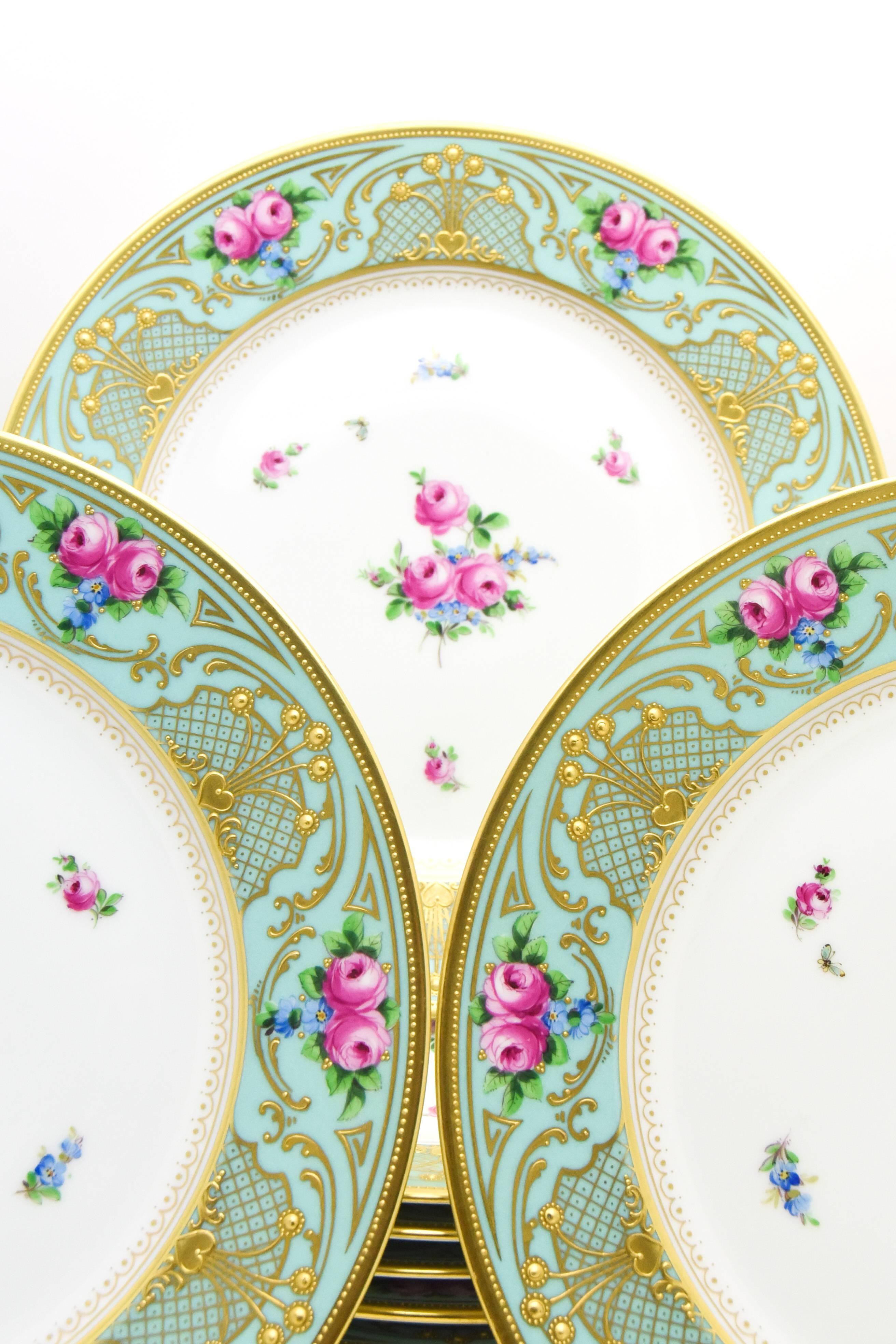 Art Nouveau Set of 11 Lamm Dresden Turquoise Raised Gold & Hand-Painted Rose Dinner Plates