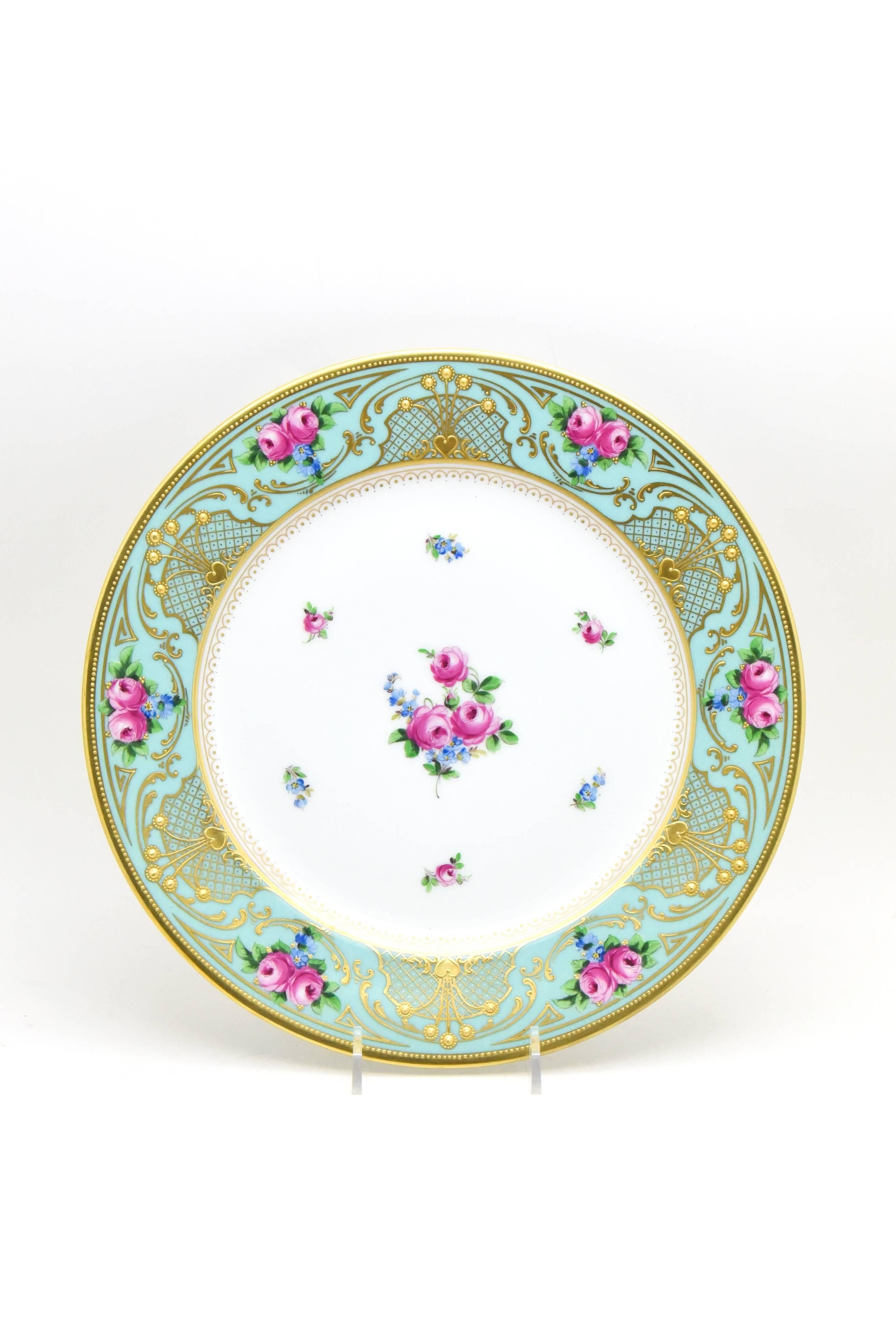 German Set of 11 Lamm Dresden Turquoise Raised Gold & Hand-Painted Rose Dinner Plates