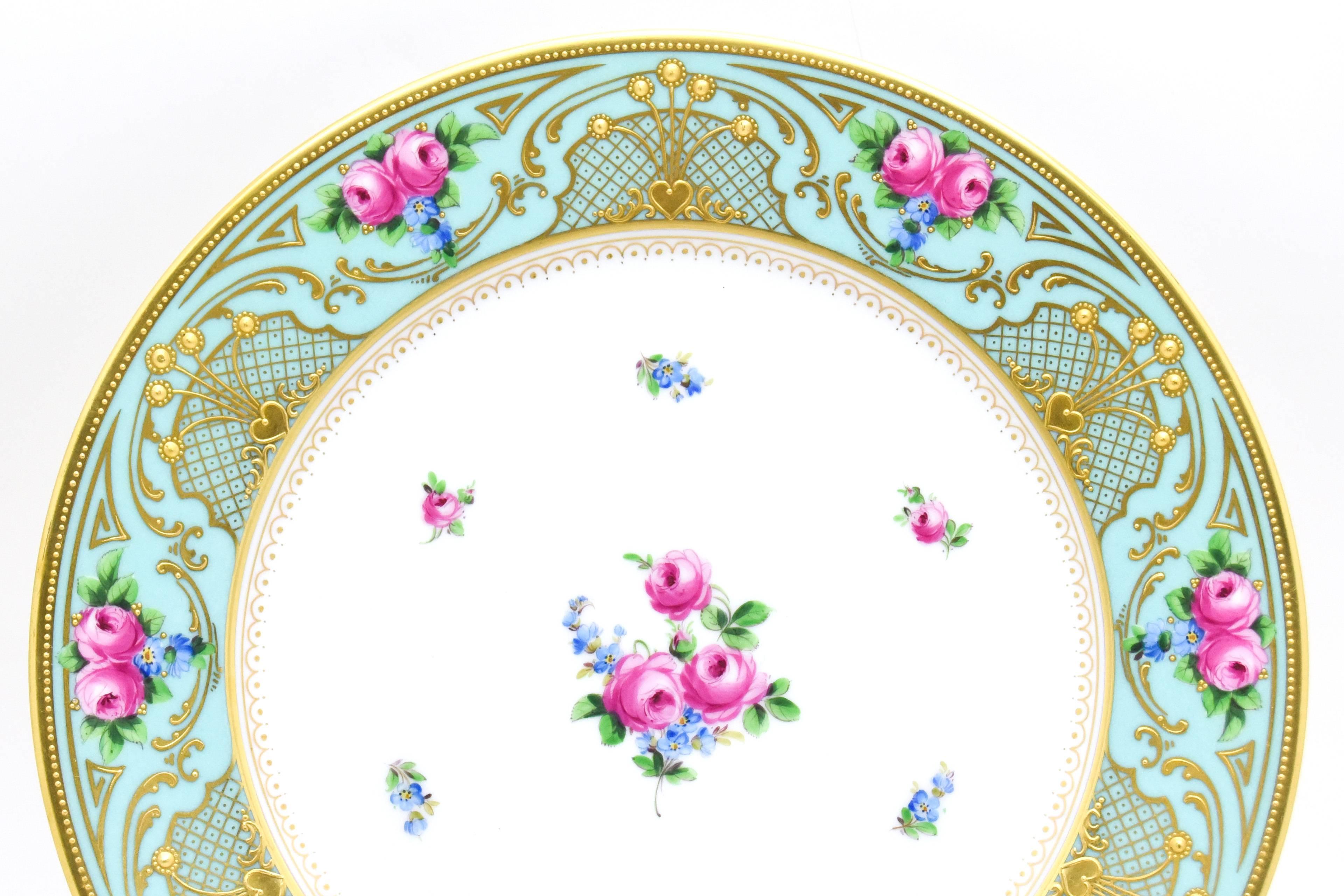 Set of 11 Lamm Dresden Turquoise Raised Gold & Hand-Painted Rose Dinner Plates In Excellent Condition In Great Barrington, MA