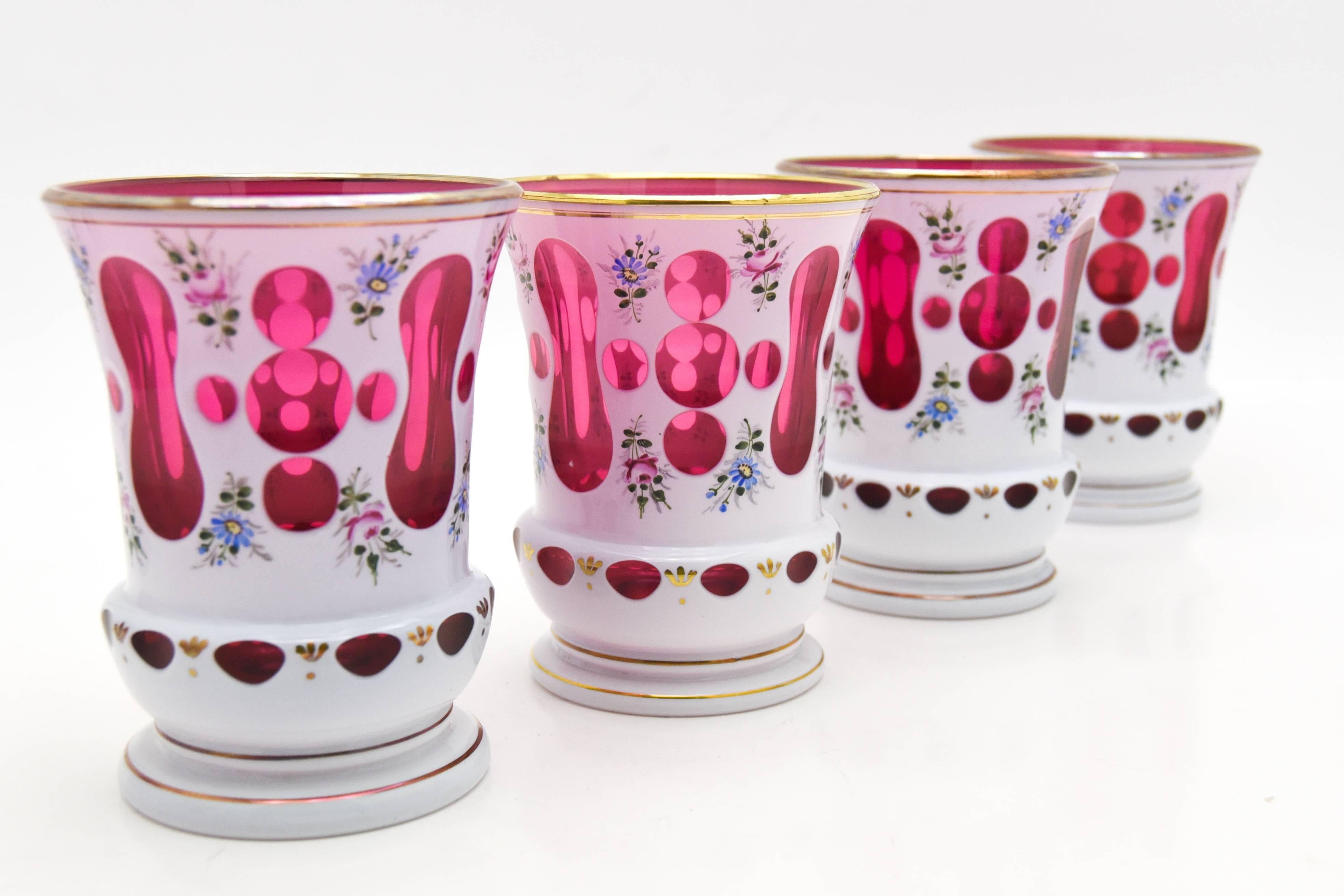 German Set of 10 Bohemian Cranberry/White Overlay Tumblers with Enamel Decoration