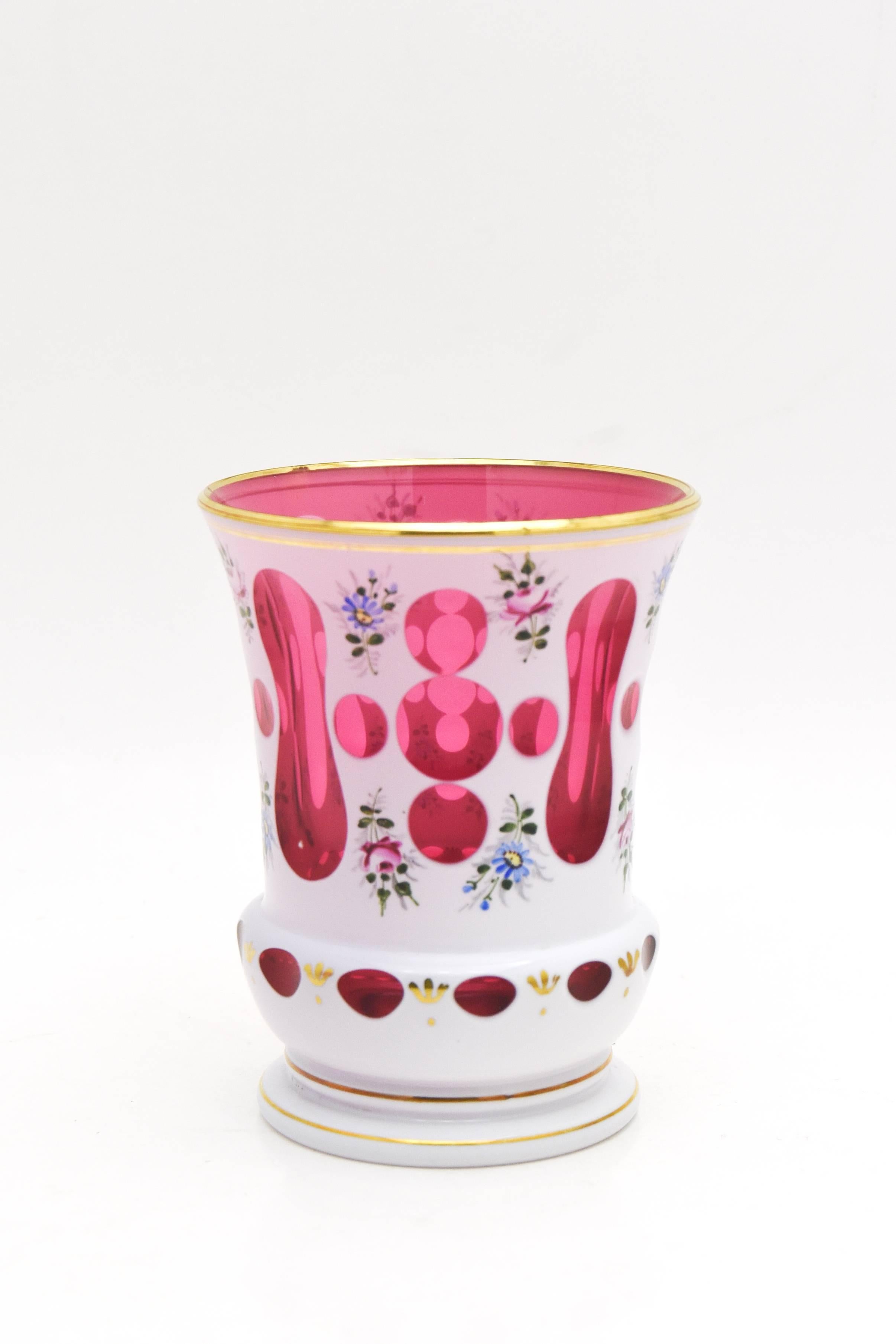 Set of 10 Bohemian Cranberry/White Overlay Tumblers with Enamel Decoration In Excellent Condition In Great Barrington, MA