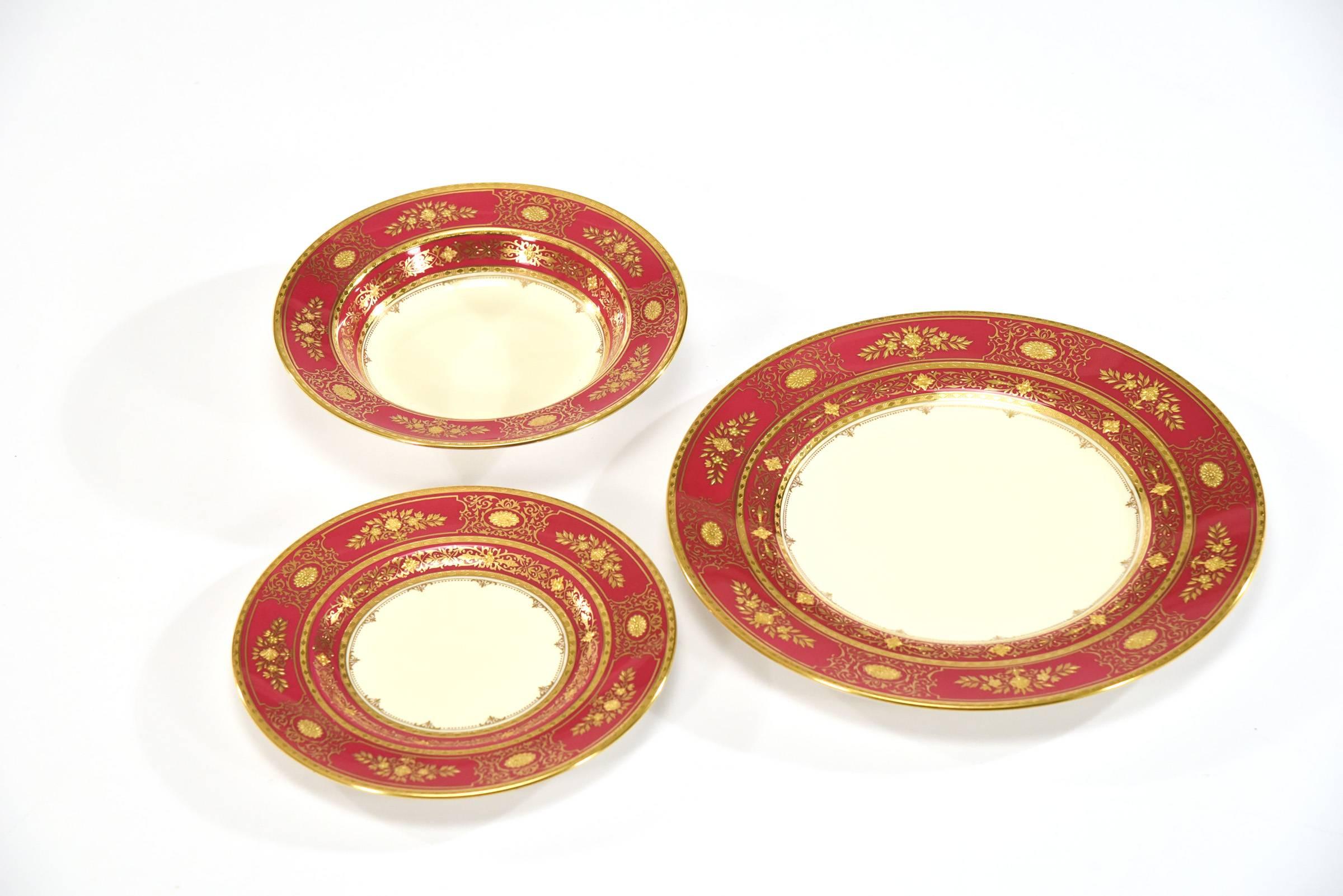 Neoclassical Minton for Tiffany Burgundy/Red & Raised Gold Dinner Service for 13-39 Pcs