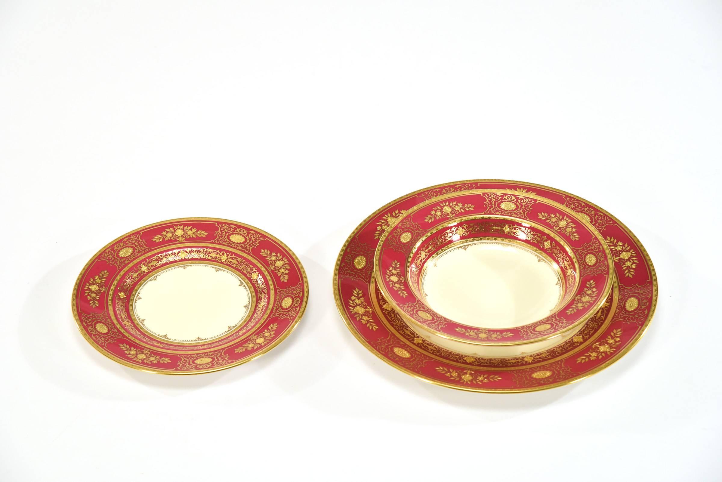 English Minton for Tiffany Burgundy/Red & Raised Gold Dinner Service for 13-39 Pcs