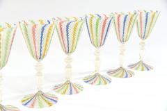 Set of 10 Venetian Handblown Rainbow Zanfirico Multicolor Candy Cane Goblets