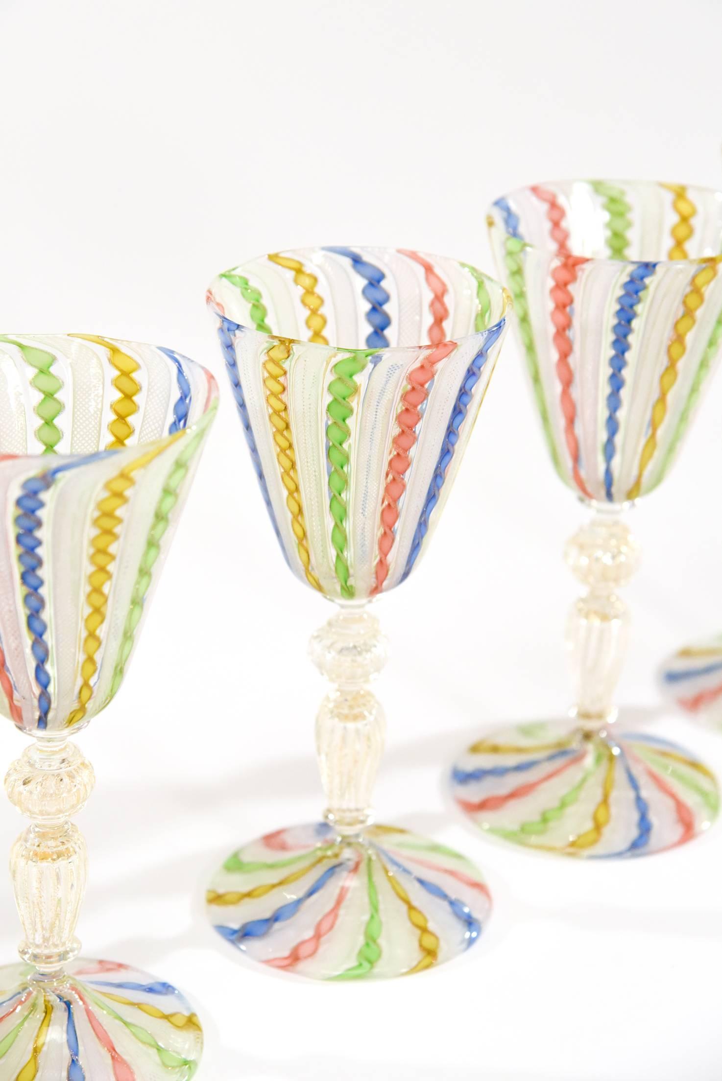 Italian Set of 10 Venetian Handblown Rainbow Zanfirico Multicolor Candy Cane Goblets
