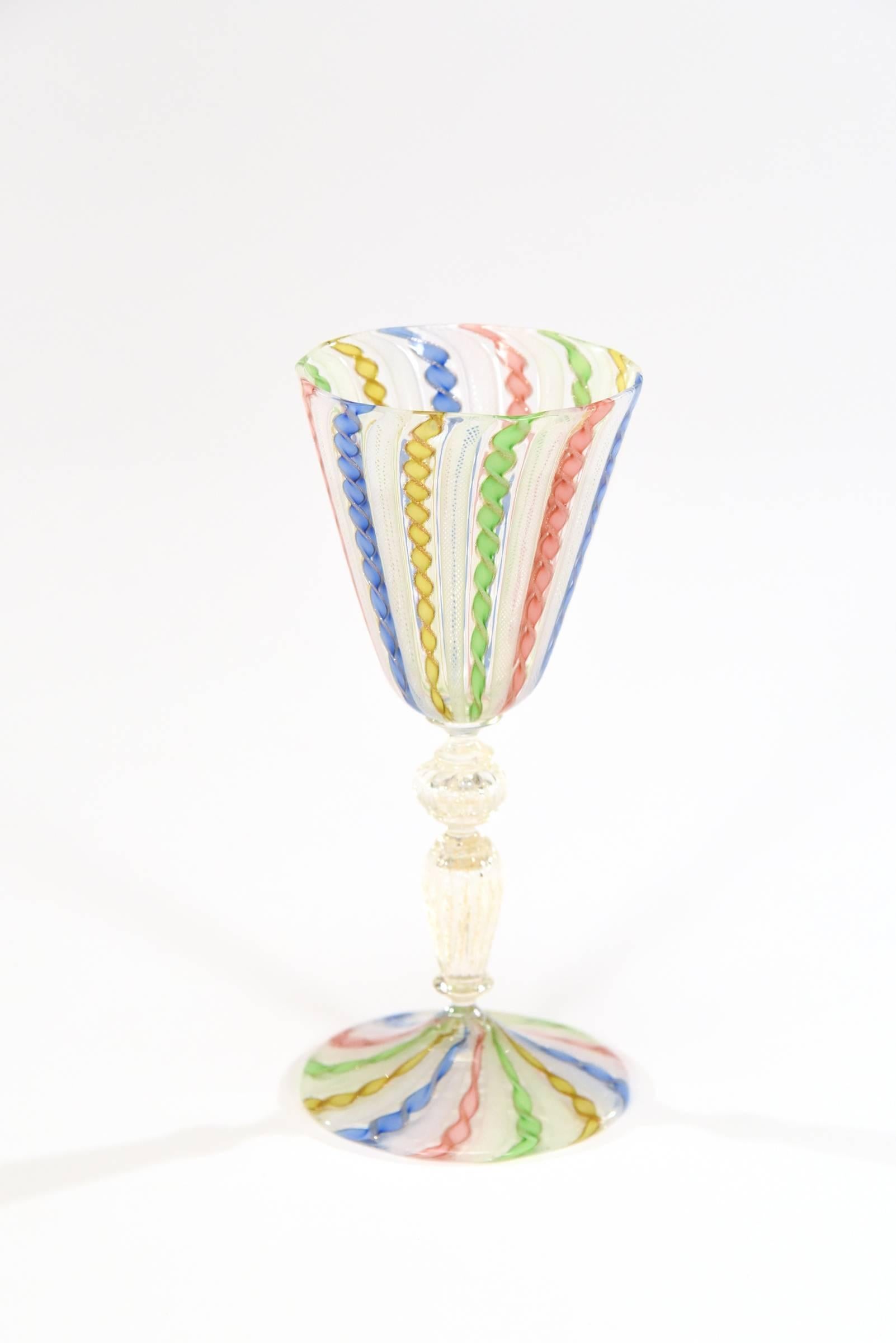 Early 20th Century Set of 10 Venetian Handblown Rainbow Zanfirico Multicolor Candy Cane Goblets