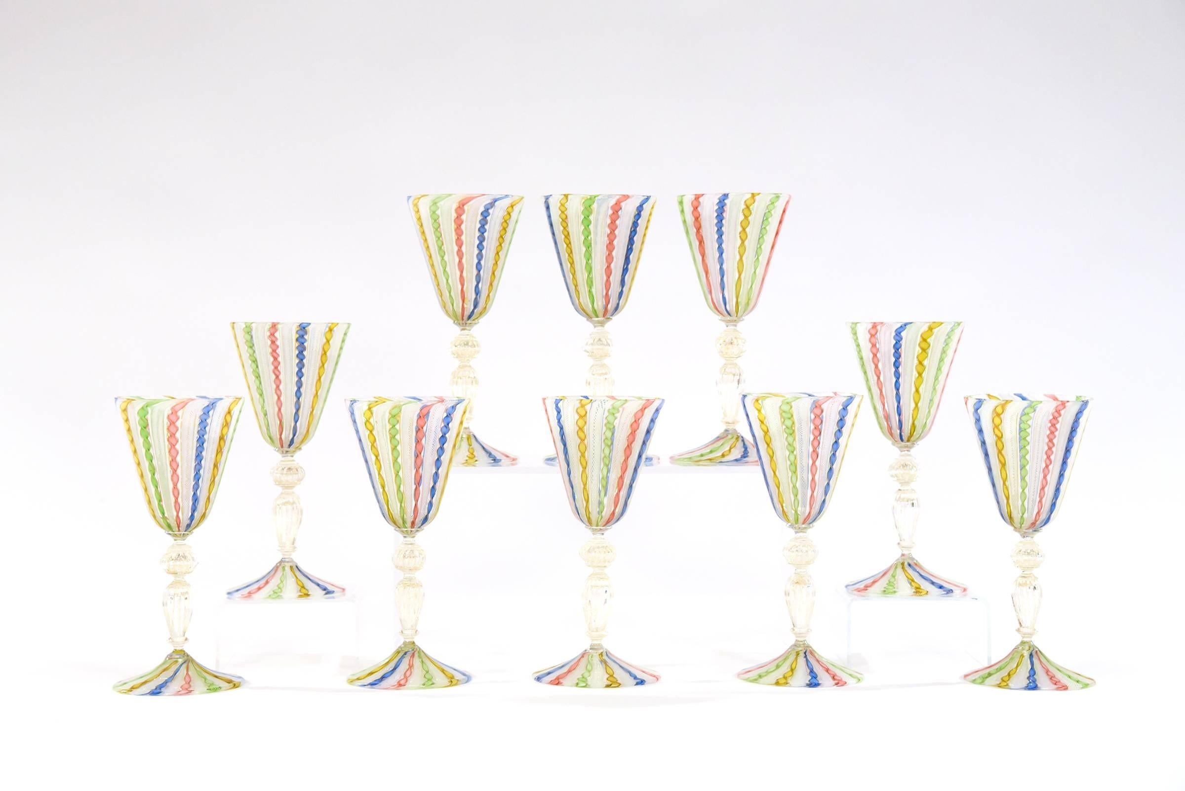 Murano Glass Set of 10 Venetian Handblown Rainbow Zanfirico Multicolor Candy Cane Goblets