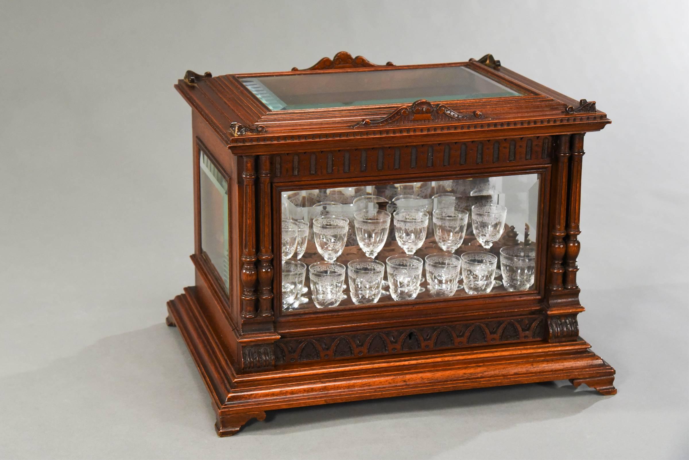 French Exceptional Baccarat Cave à Liqueurs with Original Labels in Carved Oak Case