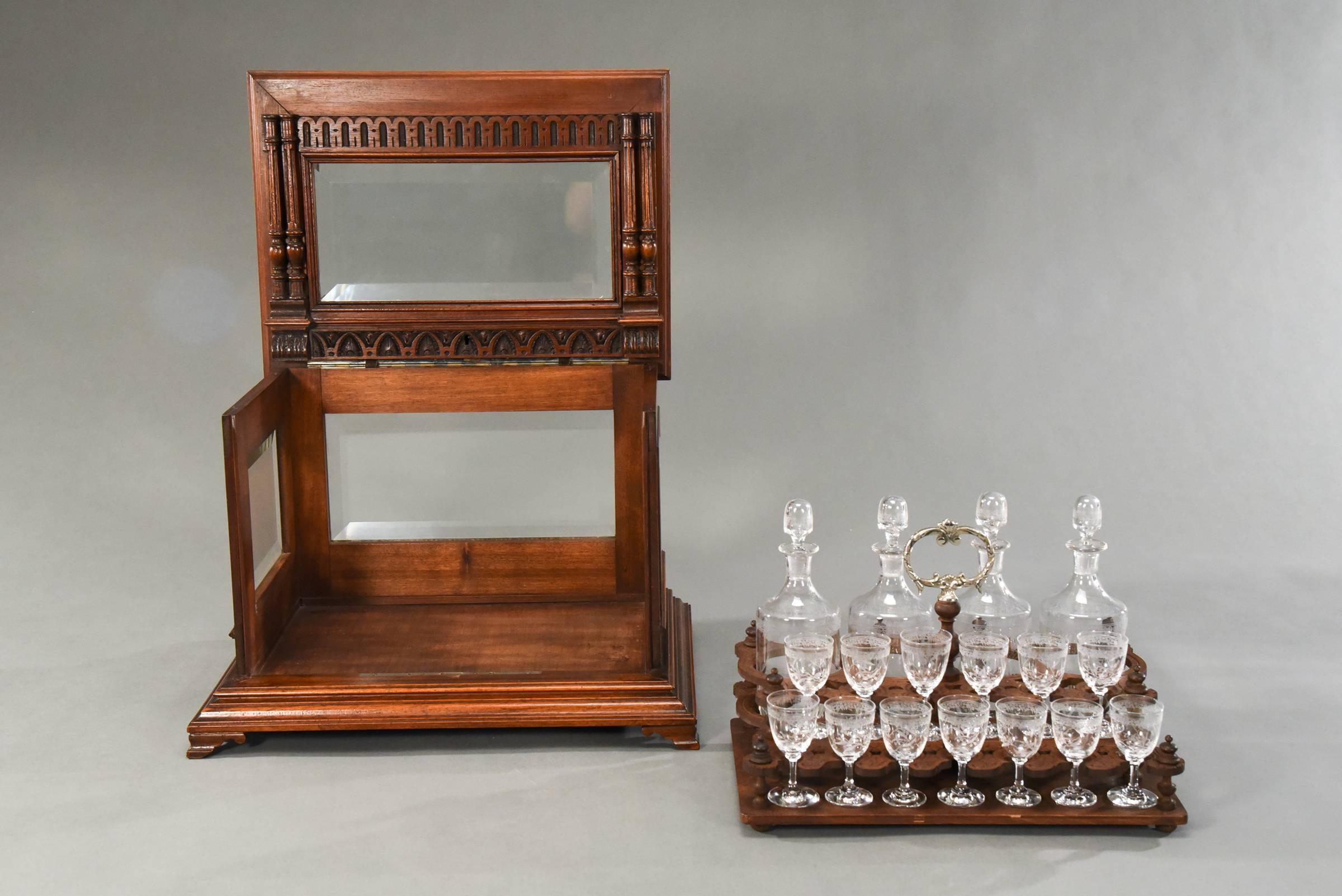 Crystal Exceptional Baccarat Cave à Liqueurs with Original Labels in Carved Oak Case