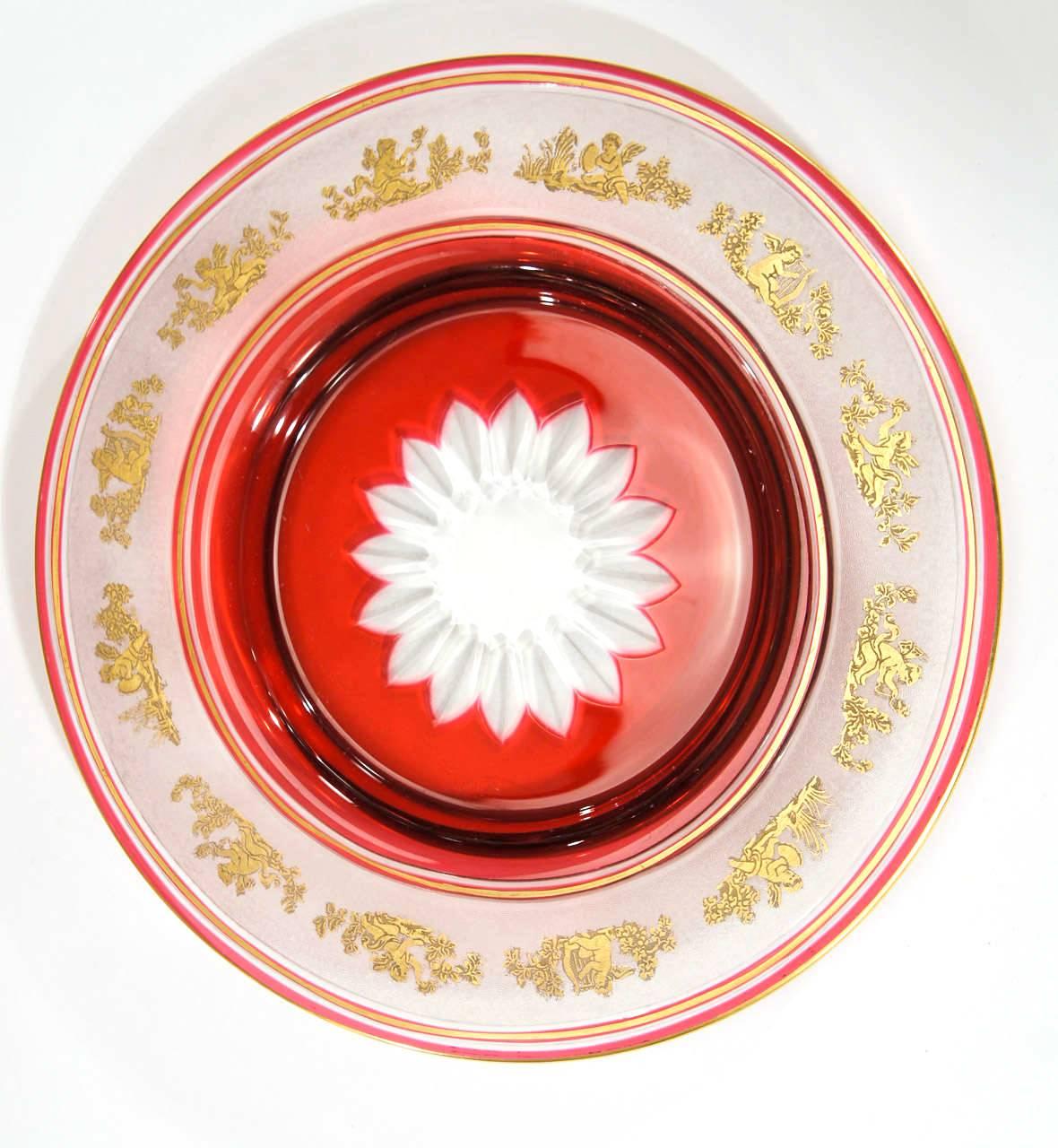 Belgian Set of 12 Val St. Lambert Danse De Flore Cranberry Overlay Dessert Plates For Sale