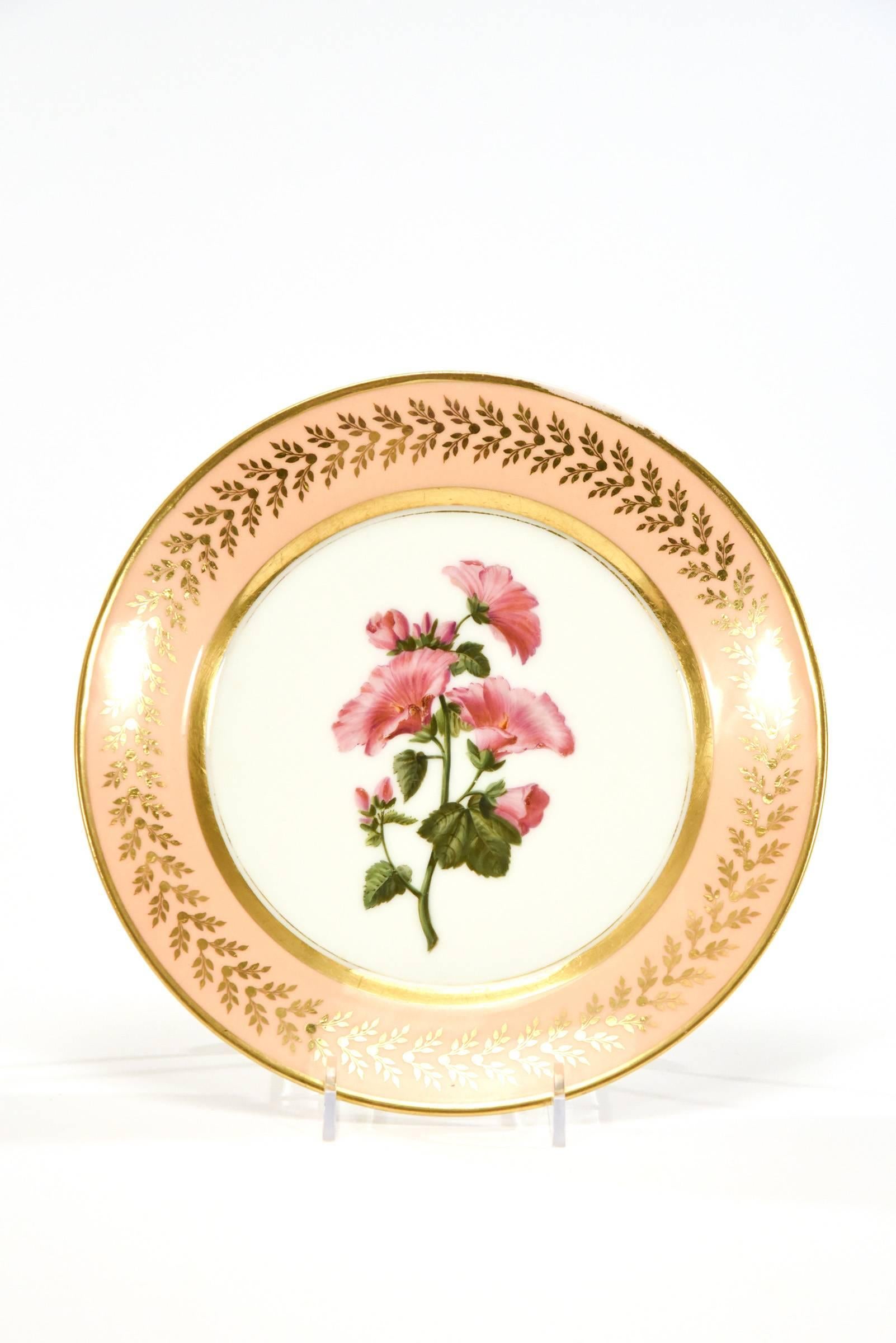 Porcelain 15-Piece Old Paris Dagoty Hand-Painted Botanical Peach and Gold Dessert Set For Sale
