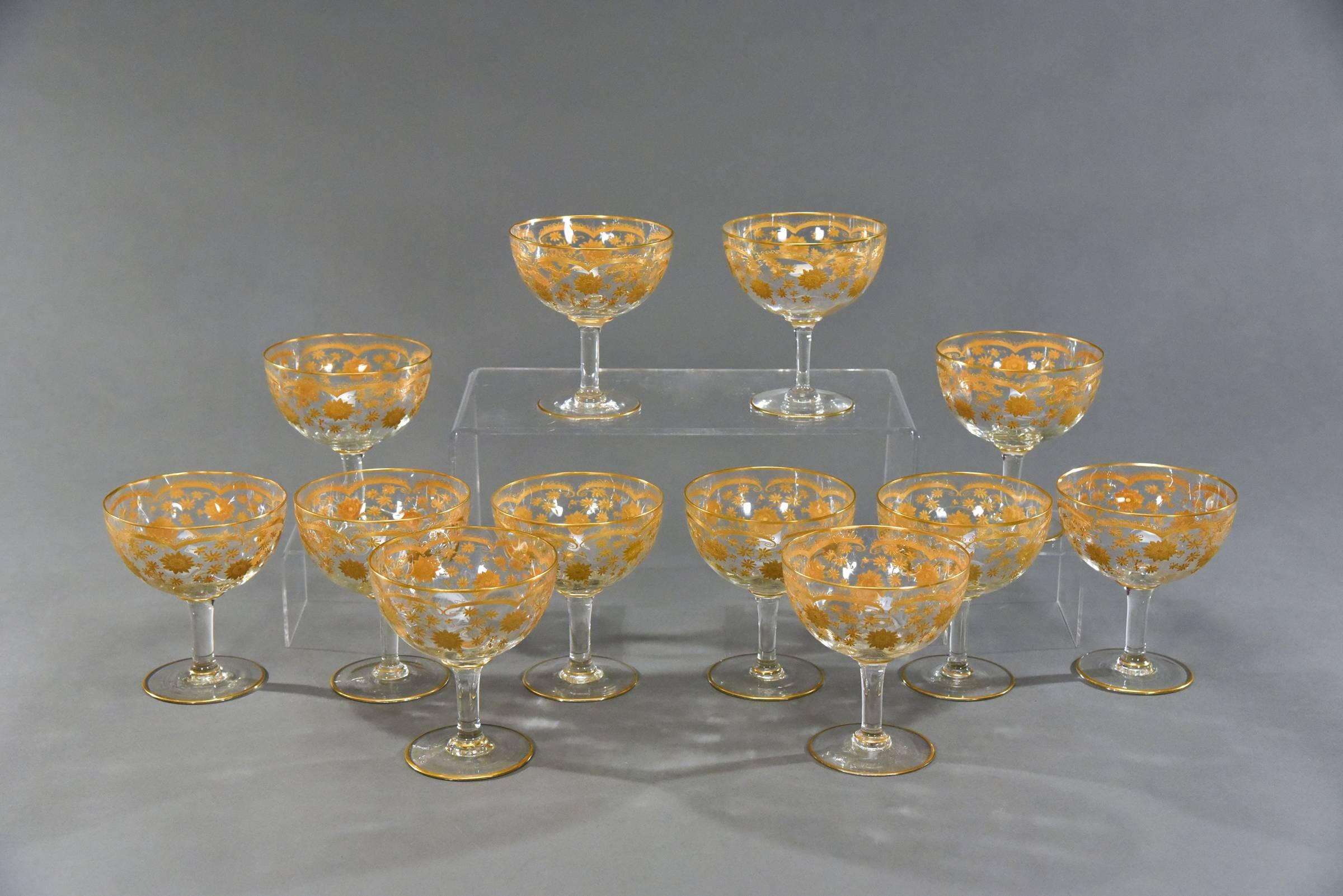 A complete set of 12 handblown crystal large footed compotes or 