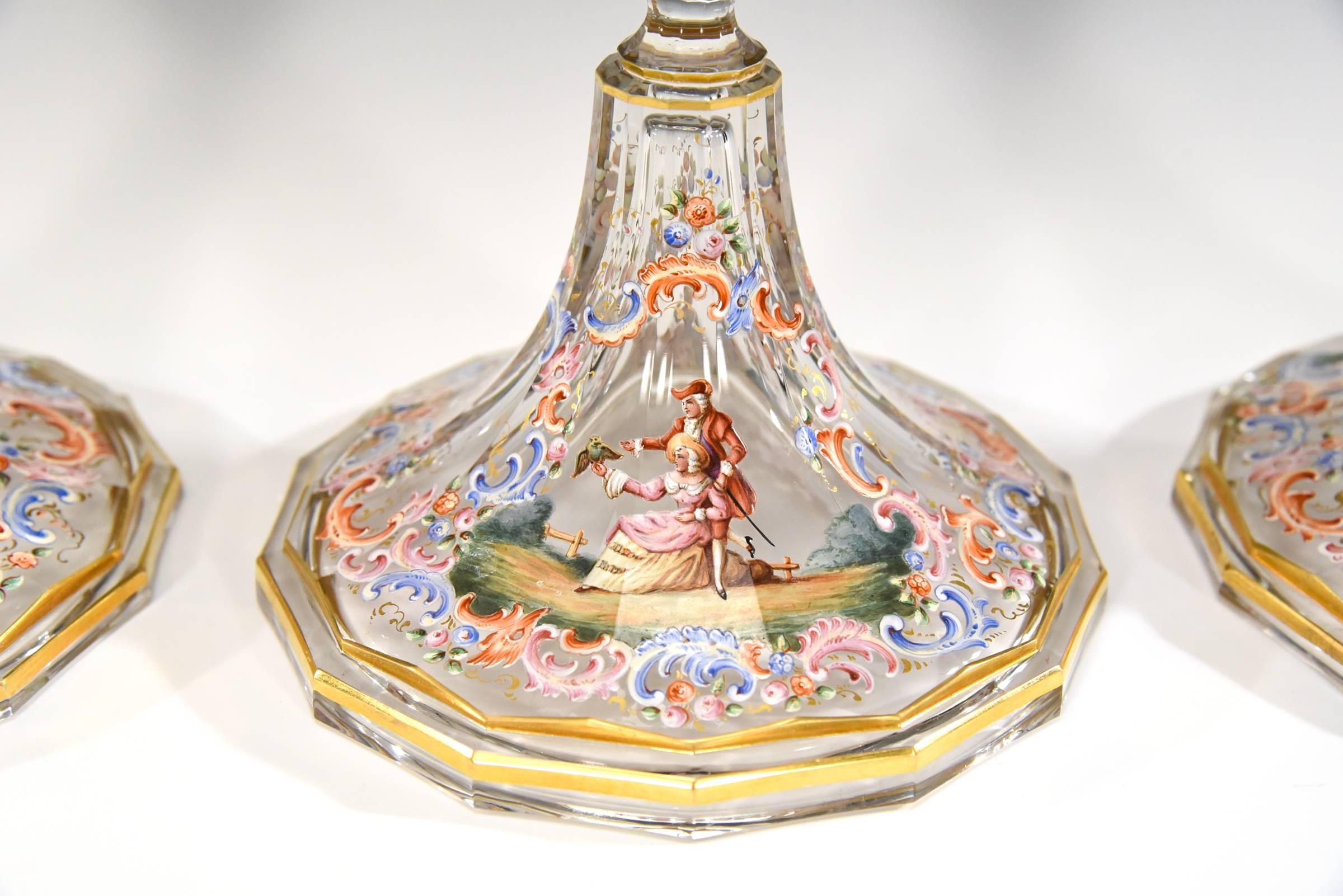 Austrian Set of Four Lobmeyr Hand-Painted & Gilded Polychrome Enamel Candlesticks For Sale