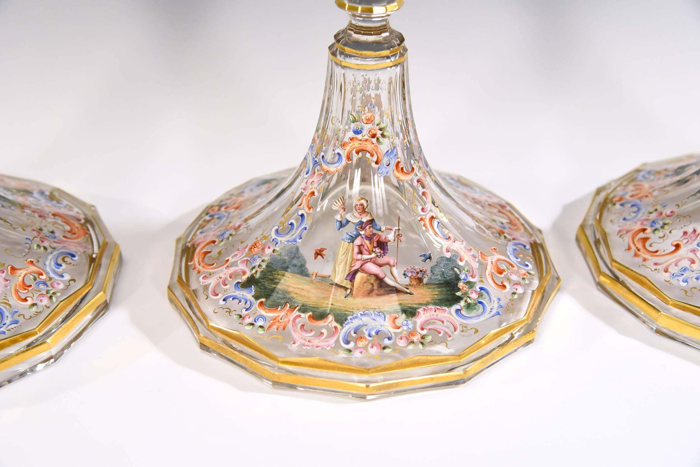 20th Century Set of Four Lobmeyr Hand-Painted & Gilded Polychrome Enamel Candlesticks For Sale