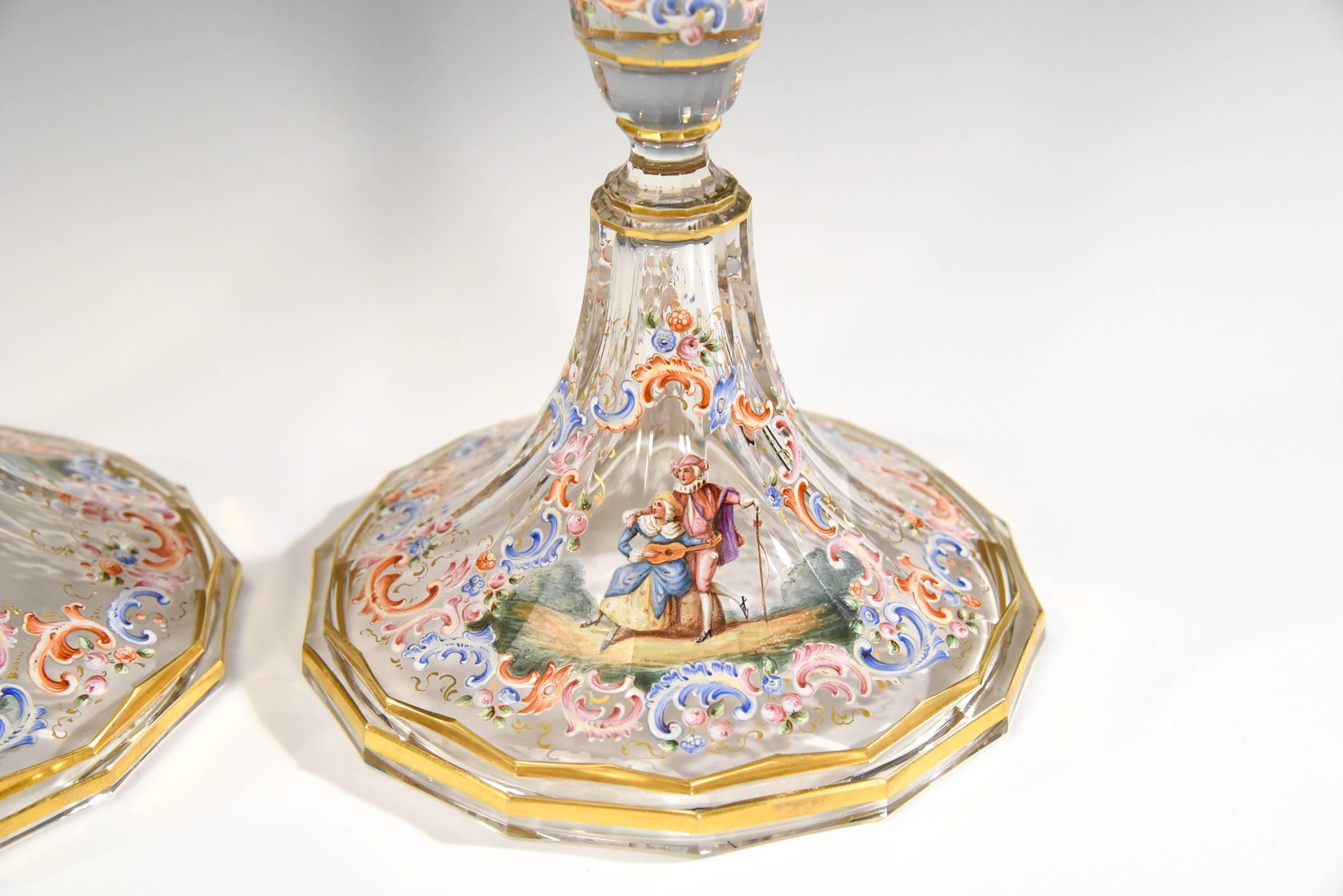 Crystal Set of Four Lobmeyr Hand-Painted & Gilded Polychrome Enamel Candlesticks For Sale