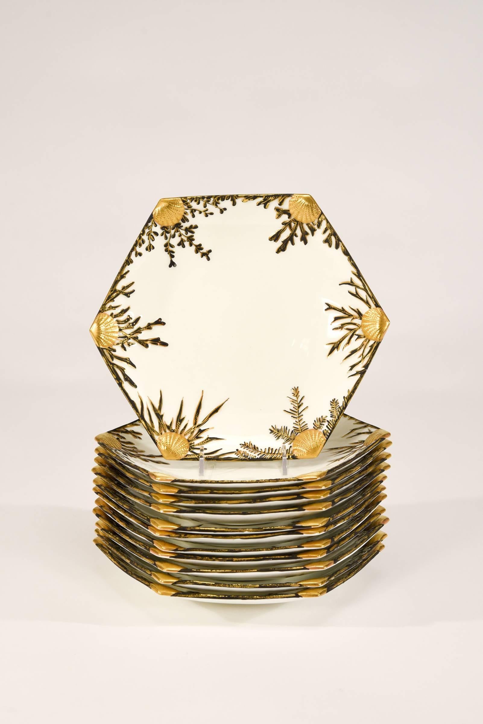 English Set of 12 Aesthetic Movement 19th Century Bodley Hexagonal Shell/Seafood Plates