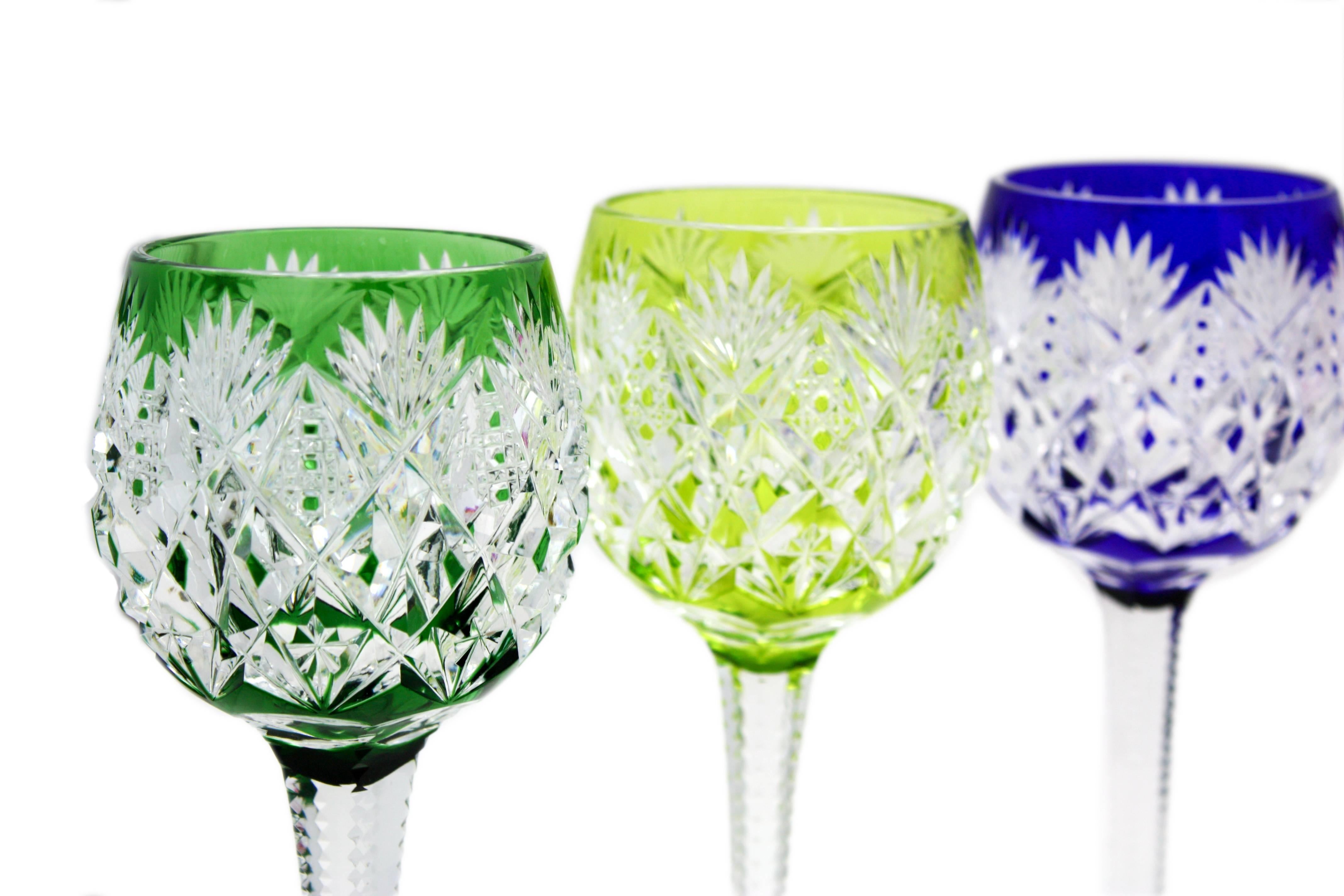 Rare Set of 12 Signed St. Louis Jewel Tone Overlay Cut to Clear Goblets In Excellent Condition In Great Barrington, MA