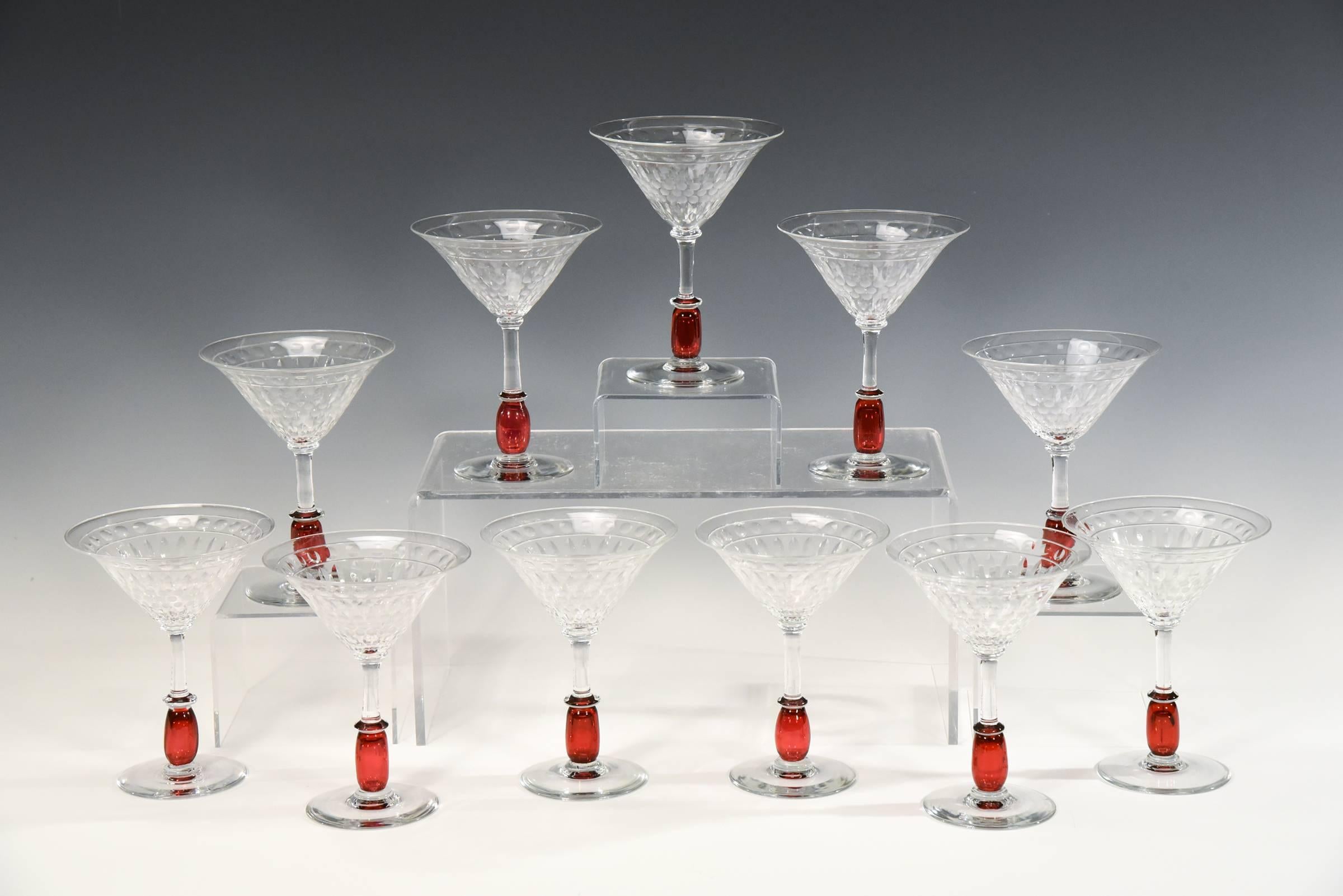 American Set of 12 Libbey Nash Art Deco Handblown Wheel Cut Ruby Stem Cocktail Glasses