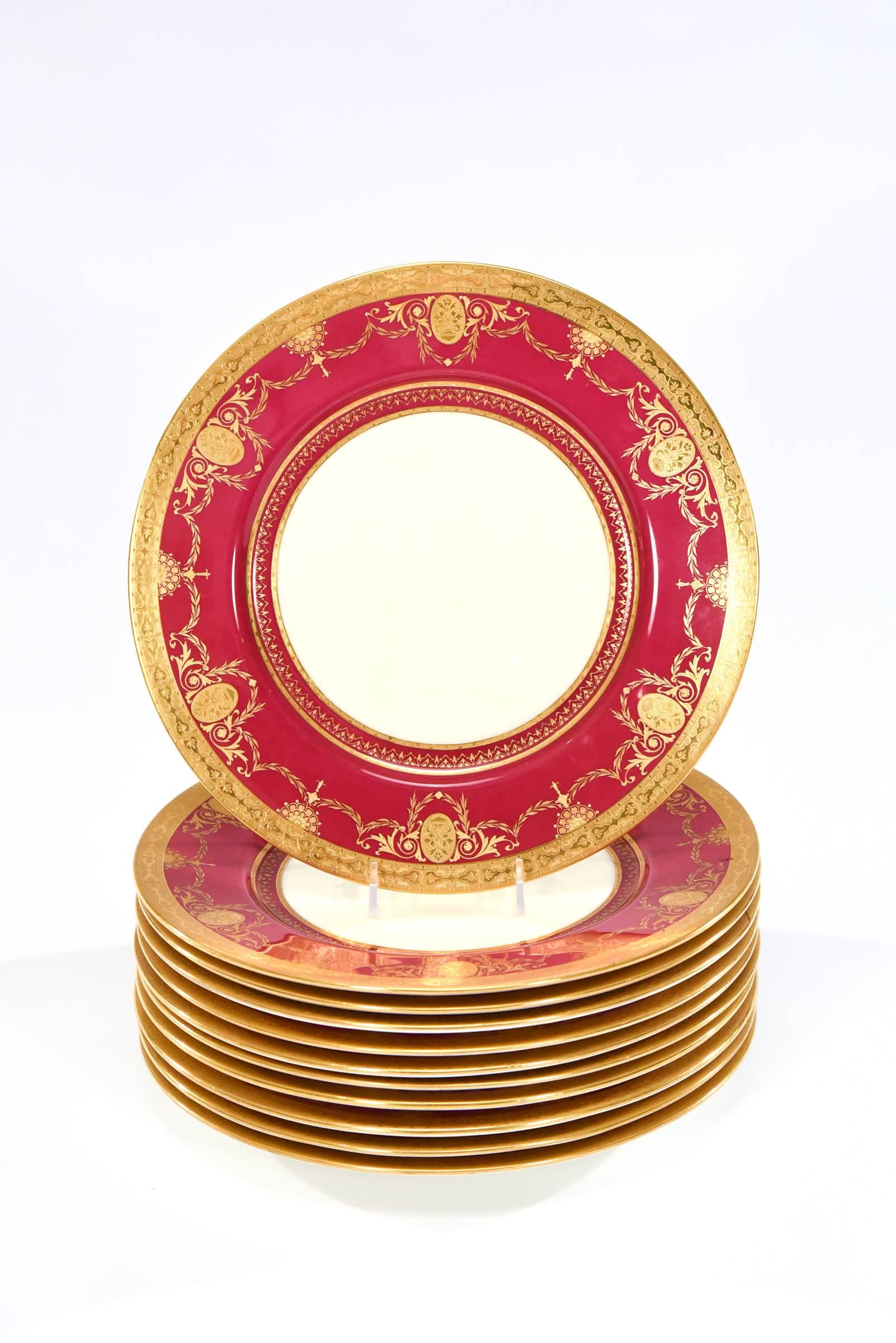 It is rare to find antique china plates that measure more than 11" in diameter but this exquisite Minton set of 11, does just that. The elegant cranberry border is embellished with an acid etched gold border and raised paste gold neoclassical