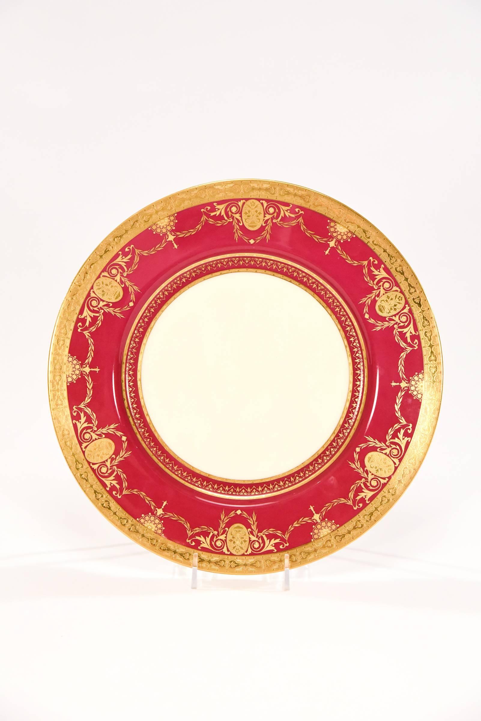 Neoclassical Set of 11 Minton Cranberry, Ivory & Raised Paste Gold 11