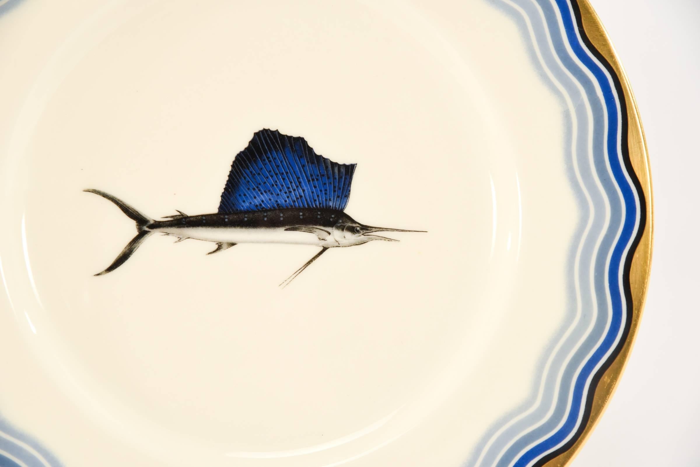 Art Deco Set of 12 Lenox Blue Sailfish Dinner Plates Gold Waves Black Starr Frost Gorham