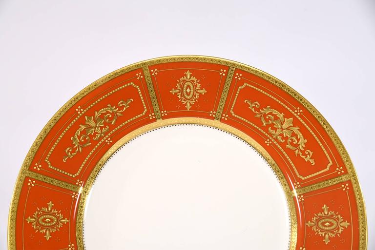 Set of 12 Minton Orange Dinner Plates with Neoclassical Raised Paste