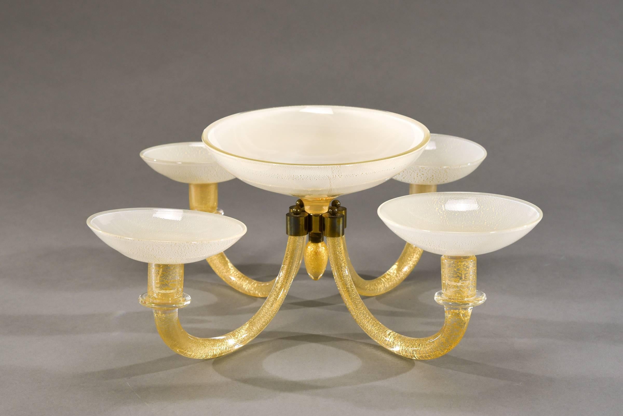 Mid-Century Modern Barovier & Toso Centrepiece Epergne and Candlesticks Opal Crystal with Gold Leaf For Sale