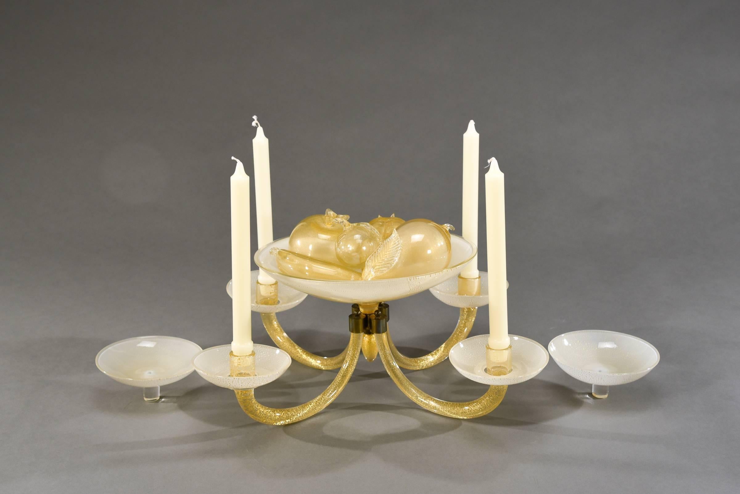 Barovier & Toso Centrepiece Epergne and Candlesticks Opal Crystal with Gold Leaf For Sale 2