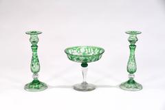 Stevens & Williams Green Cut to Clear Crystal Candlesticks & Footed Centrepiece
