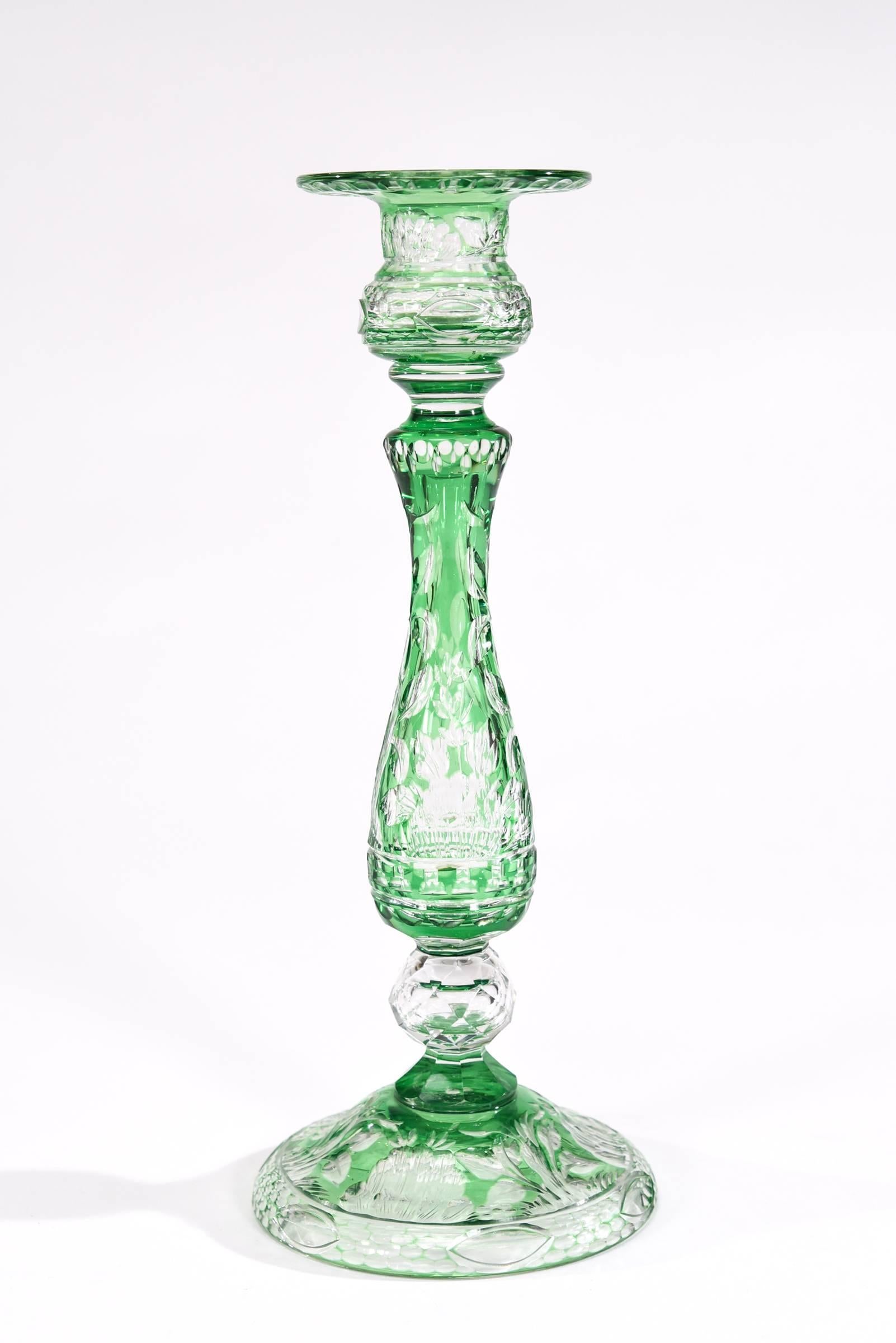 Art Nouveau Stevens & Williams Green Cut to Clear Crystal Candlesticks & Footed Centrepiece