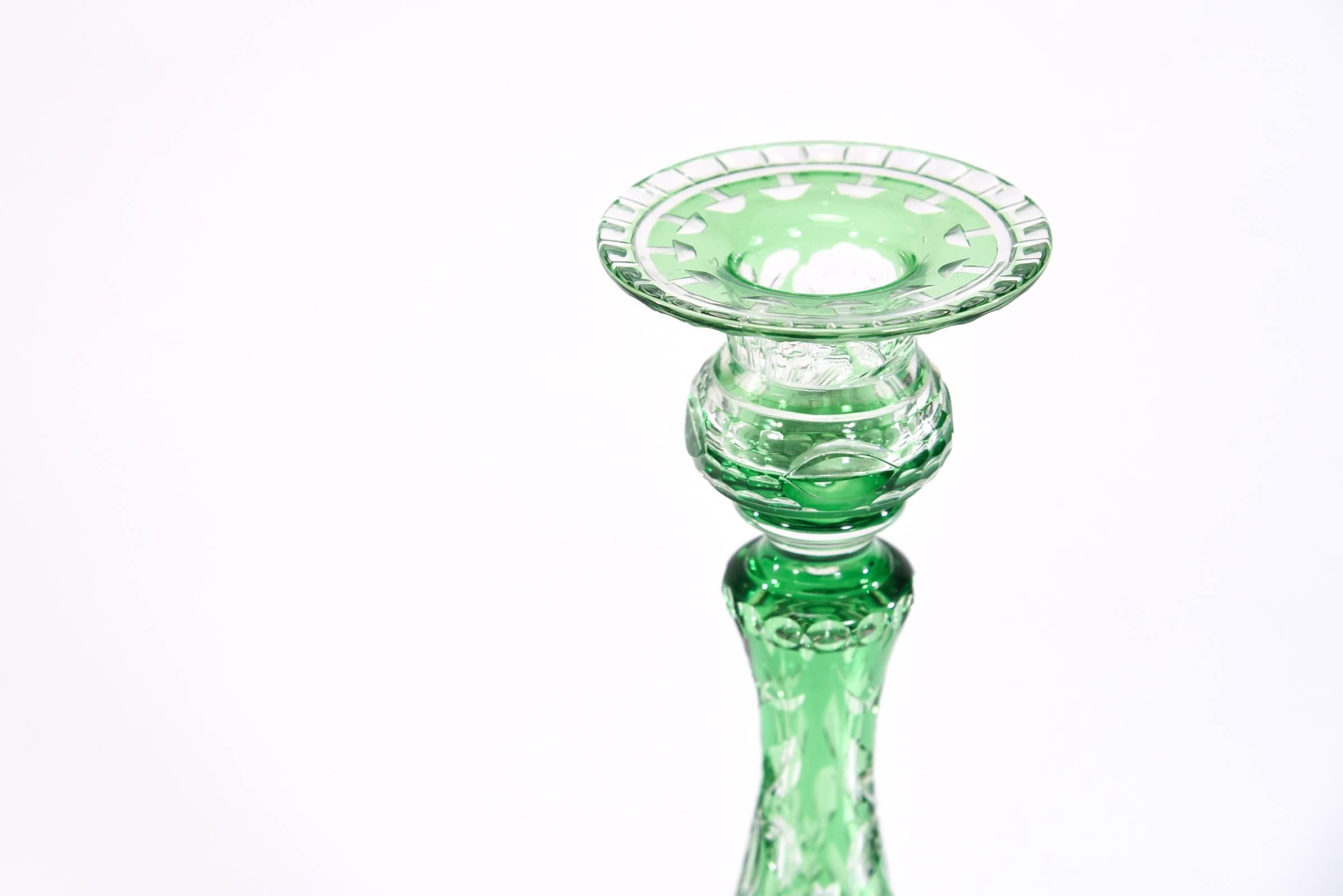 Engraved Stevens & Williams Green Cut to Clear Crystal Candlesticks & Footed Centrepiece