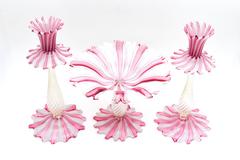 Handblown Venetian Murano Three-Piece Centerpiece Pink and White Stripes