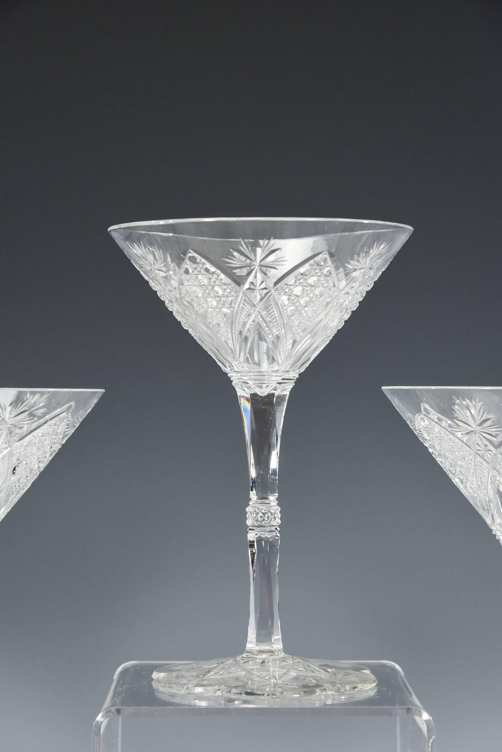 Art Nouveau Baccarat Set of 12 Elbeuf Cut Crystal Martini Cocktail Champagne Goblets