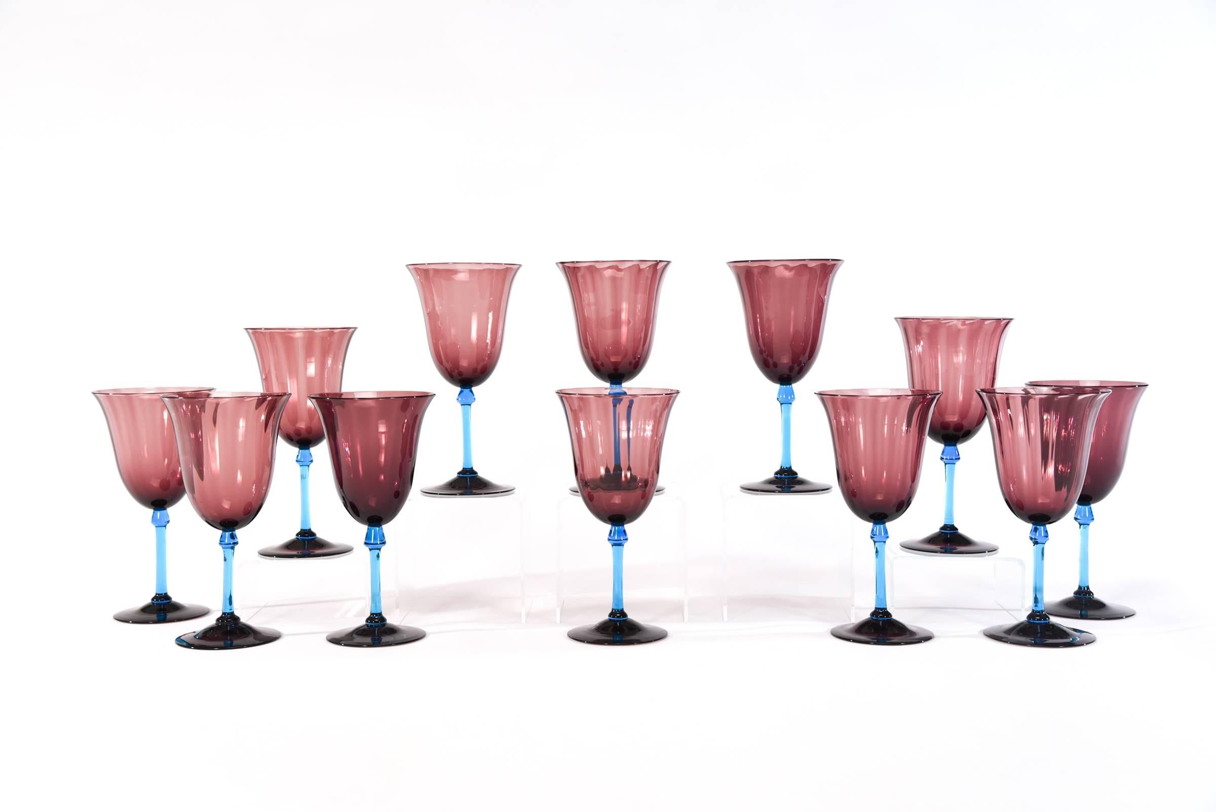 Art Deco Set of 12 Steuben Handblown Optic Ribbed Amethyst Goblets with Celeste Blue Stem For Sale