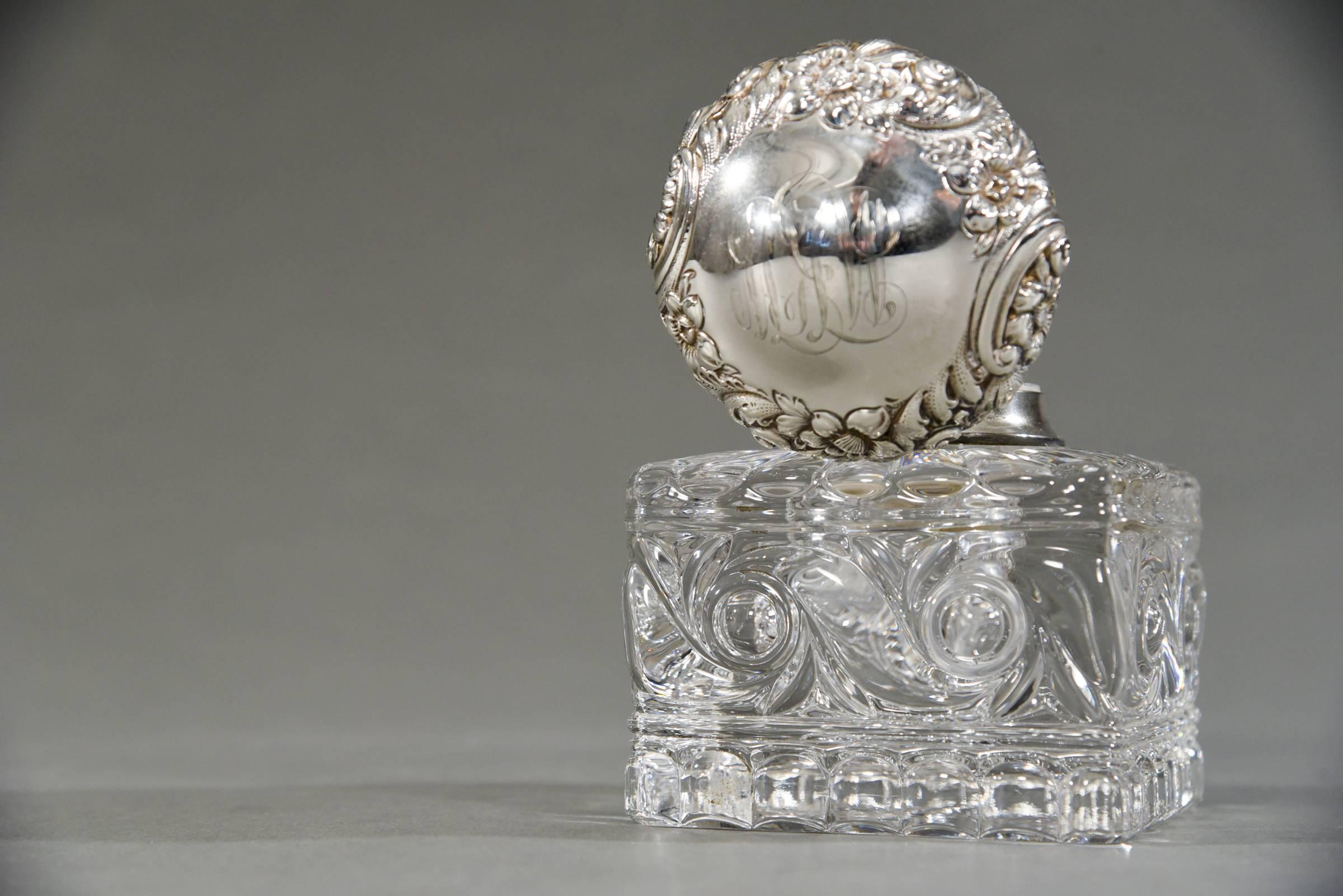 French 19th Century Baccarat Crystal Inkwell with Elaborate Sterling Silver Top For Sale