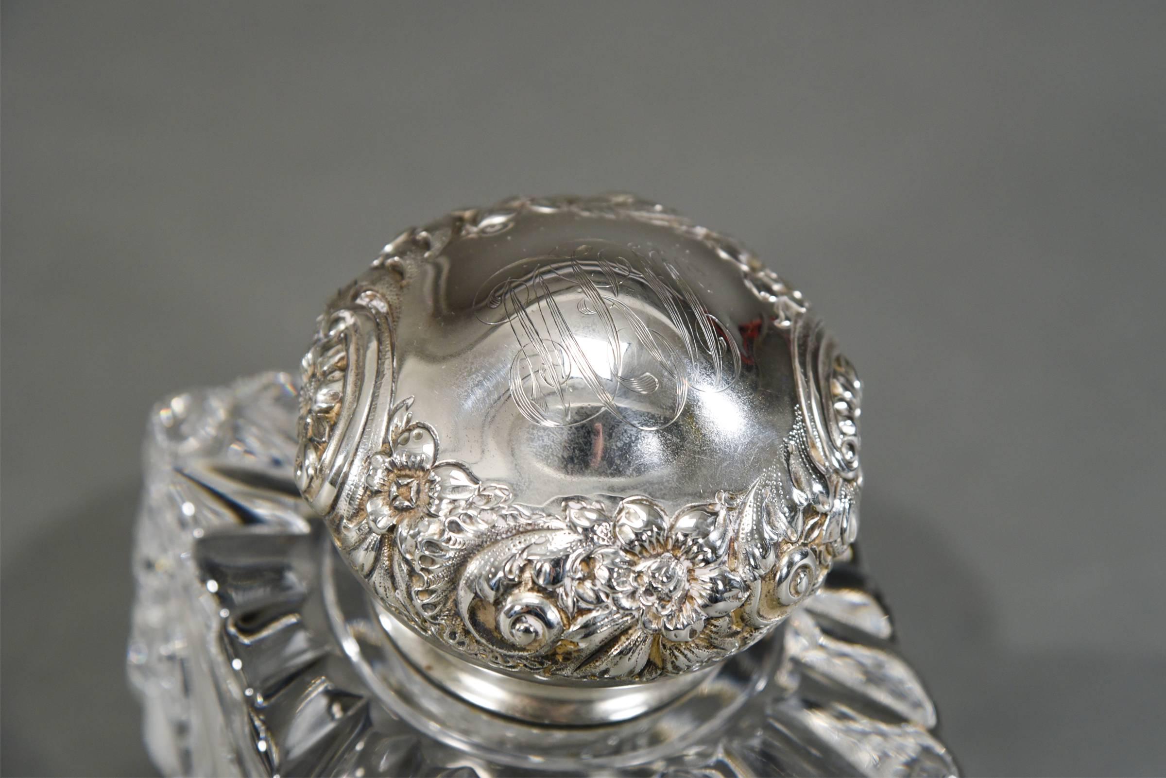Engraved 19th Century Baccarat Crystal Inkwell with Elaborate Sterling Silver Top For Sale