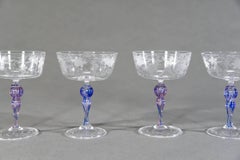 15 Venetian Bacchus and Grape Vine Engraved Champagne Coupes with Purple Stems