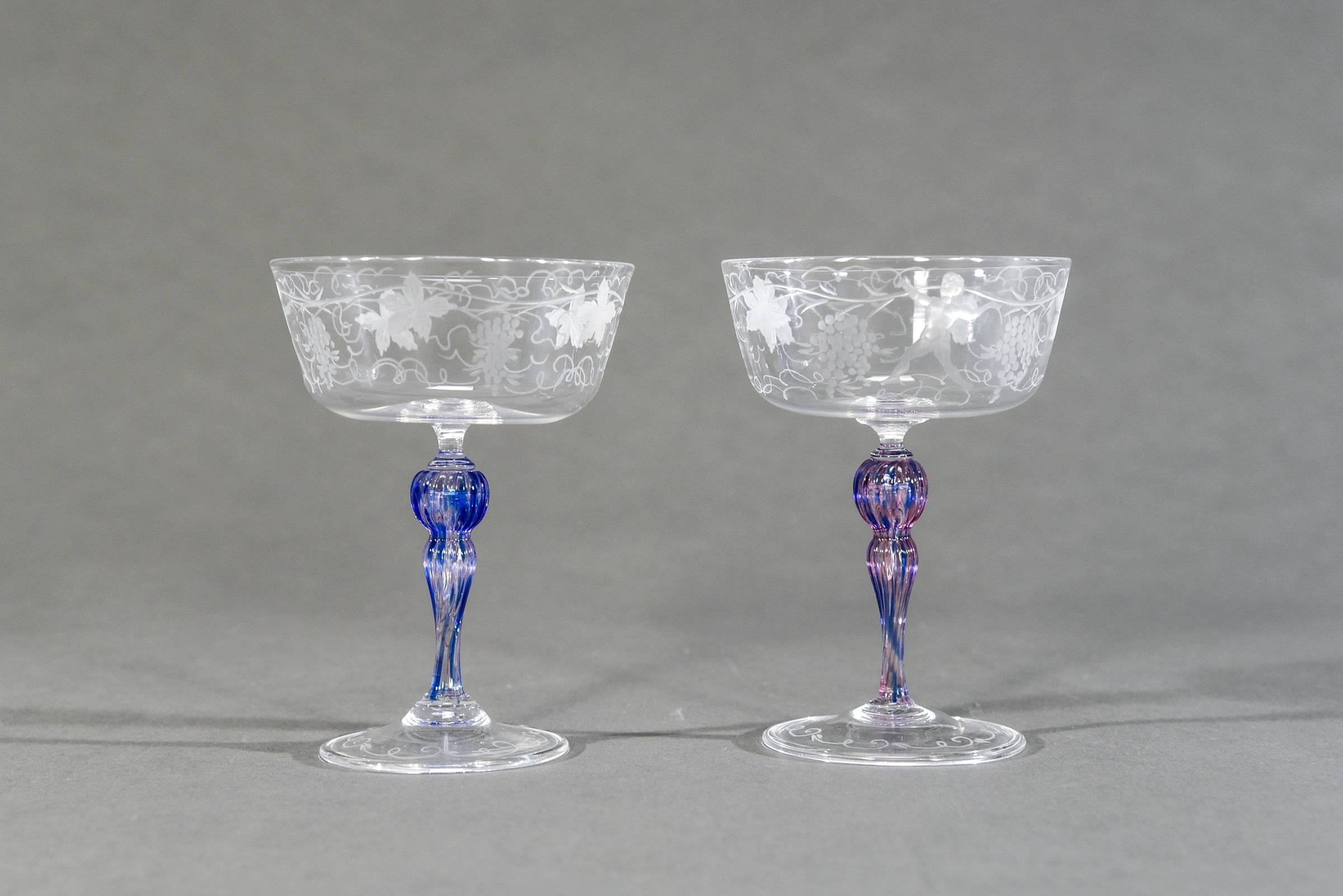 Italian 15 Venetian Bacchus and Grape Vine Engraved Champagne Coupes with Purple Stems For Sale