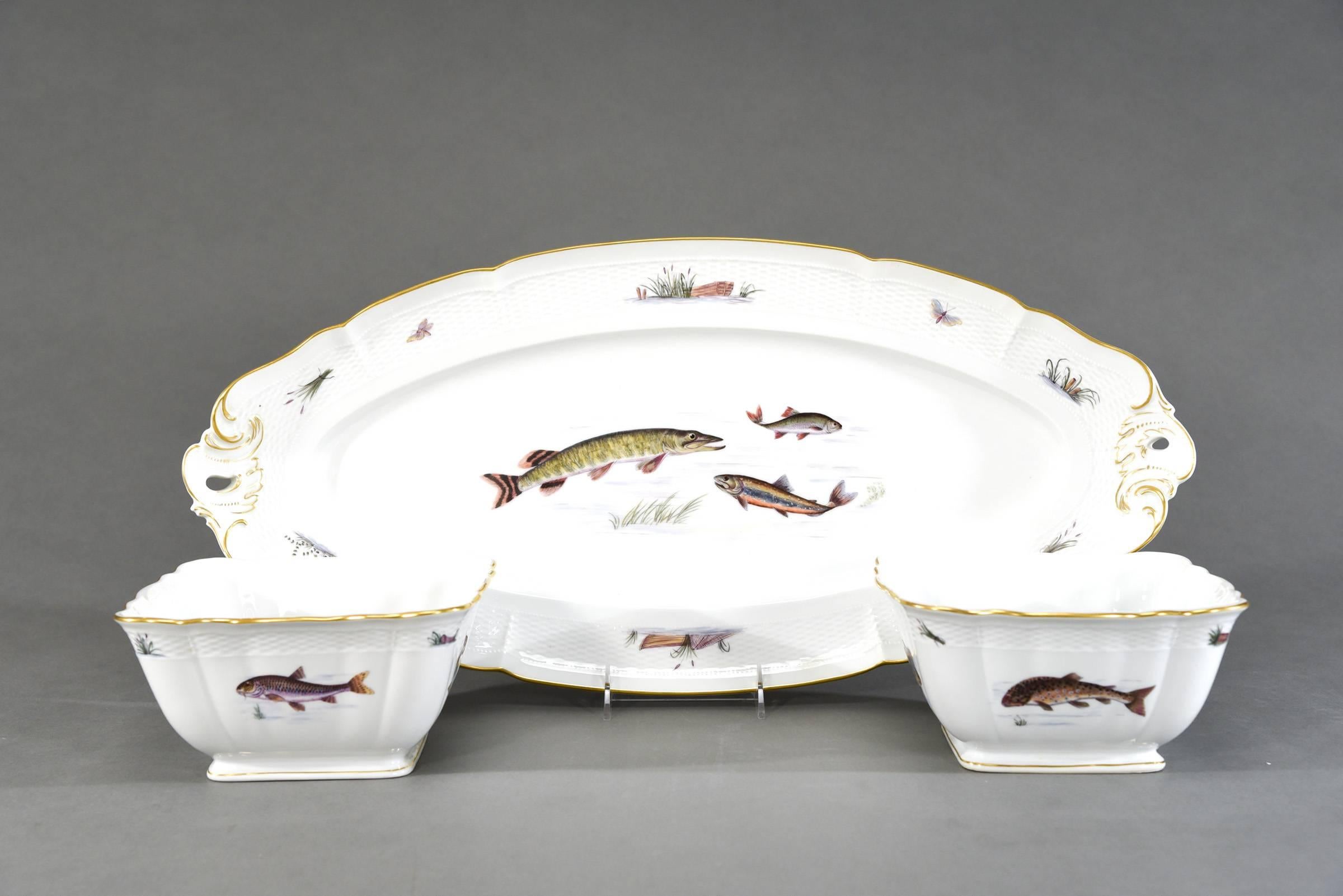 German 18 Nymphenburg Hand-Painted Fish Plates W/ Named Fish Platter & 2 Serving Bowls