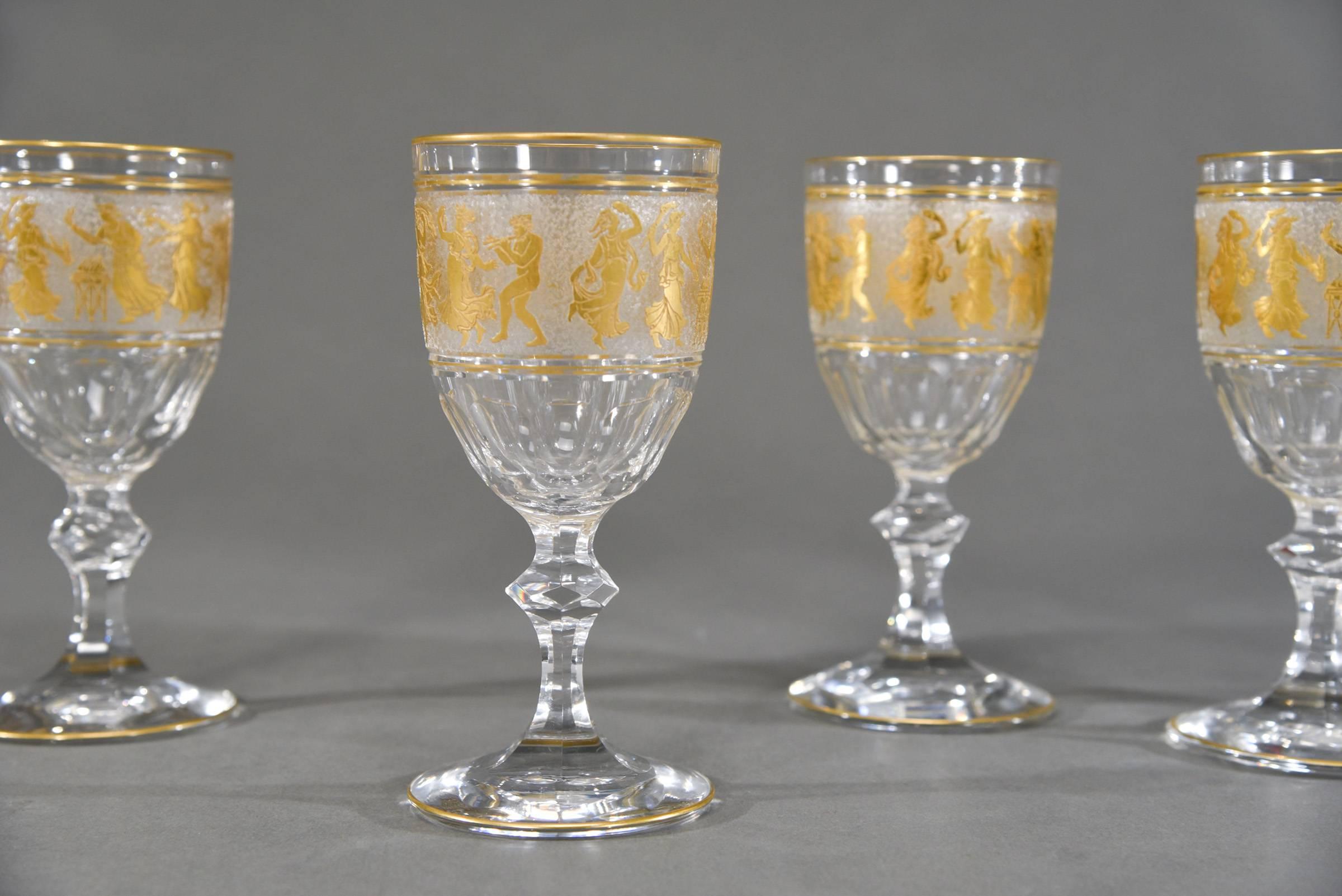 Gilt Set of 12 Val St. Lambert Handblown Crystal Cameo Goblets with Gold Roman Motifs For Sale