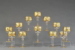 12 Calici da vino o da acqua in cristallo soffiato a mano di Moser con profonde incrostazioni in oro