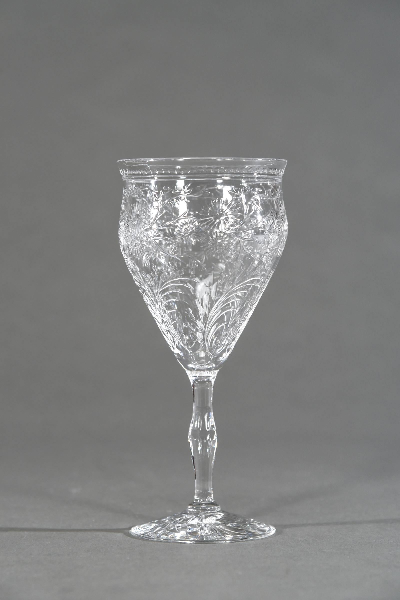 Early 20th Century 12 Webb Hand Blown Large Crystal Goblets w/ Flared Rim Engraved Prunus Blossoms For Sale