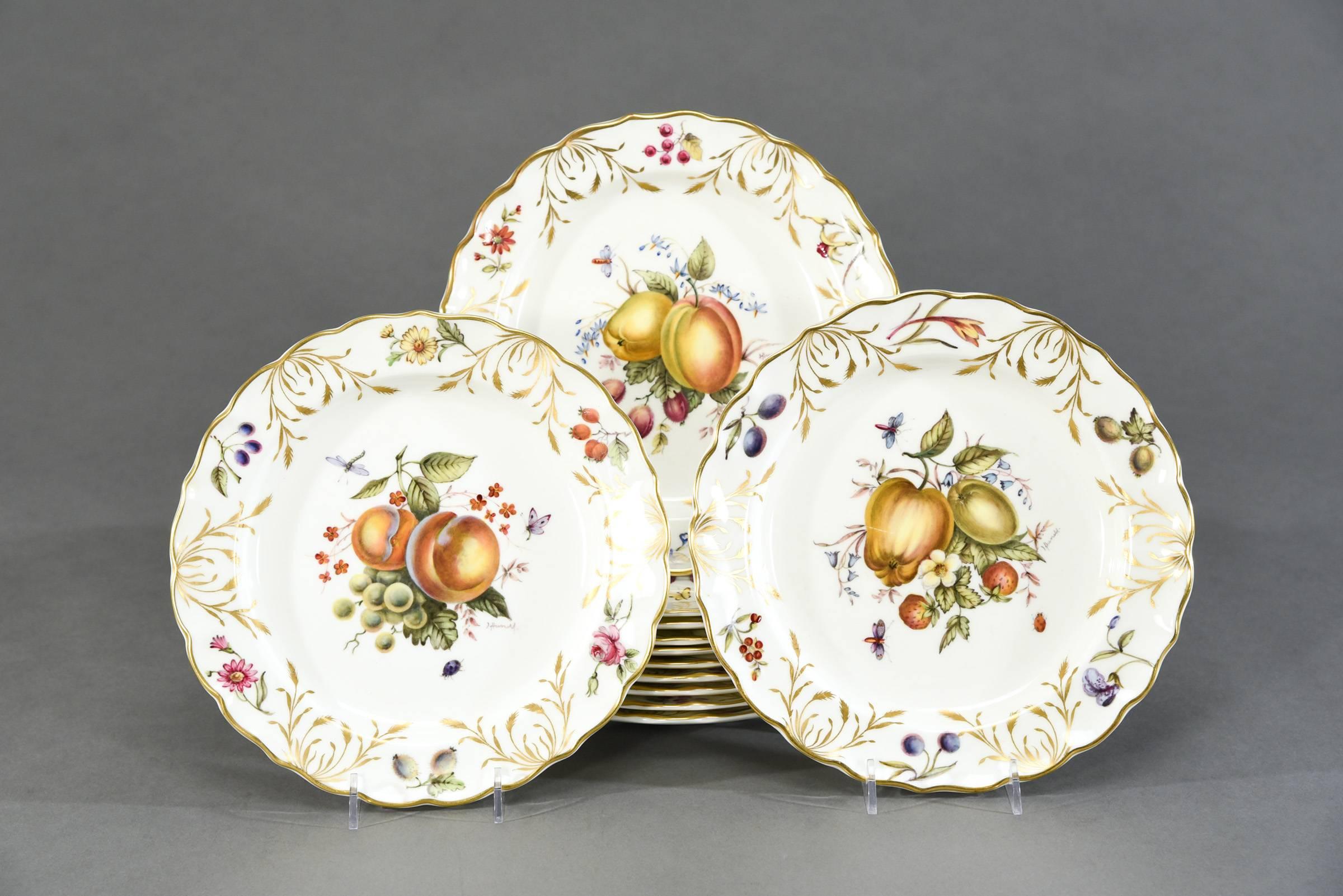 English 12 Royal Worcester Hand-Painted Dessert Plates with Fruit Artist Signed Hummel For Sale